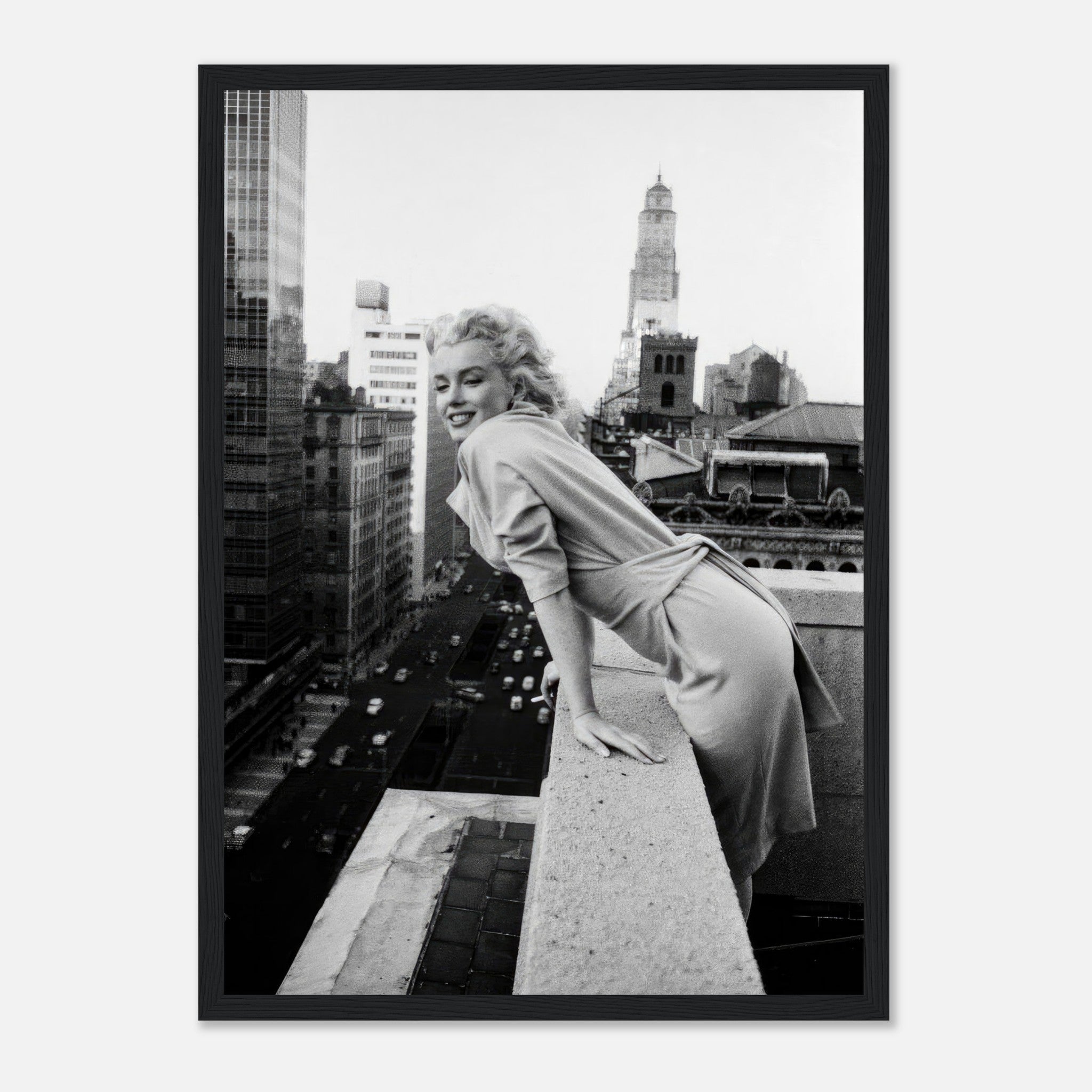 Marilyn Monroe smiling on a rooftop in 1950s New York City, framed print capturing timeless elegance.