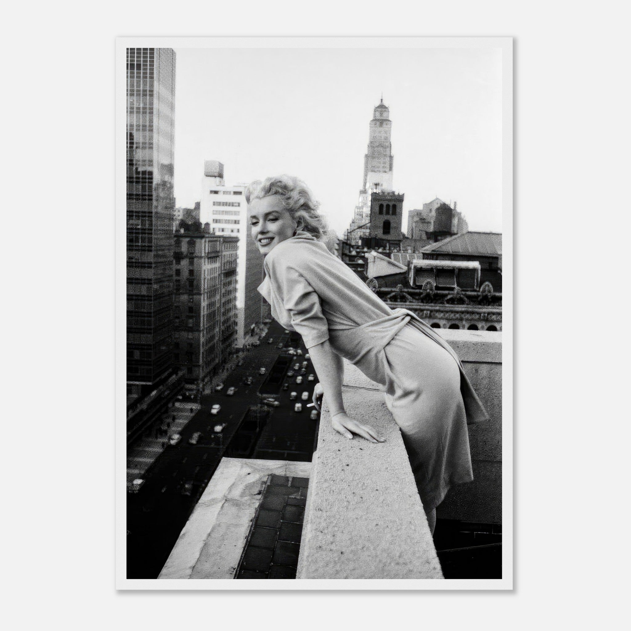 Marilyn Monroe smiling on a rooftop in 1950s New York City, captured in black-and-white beauty.