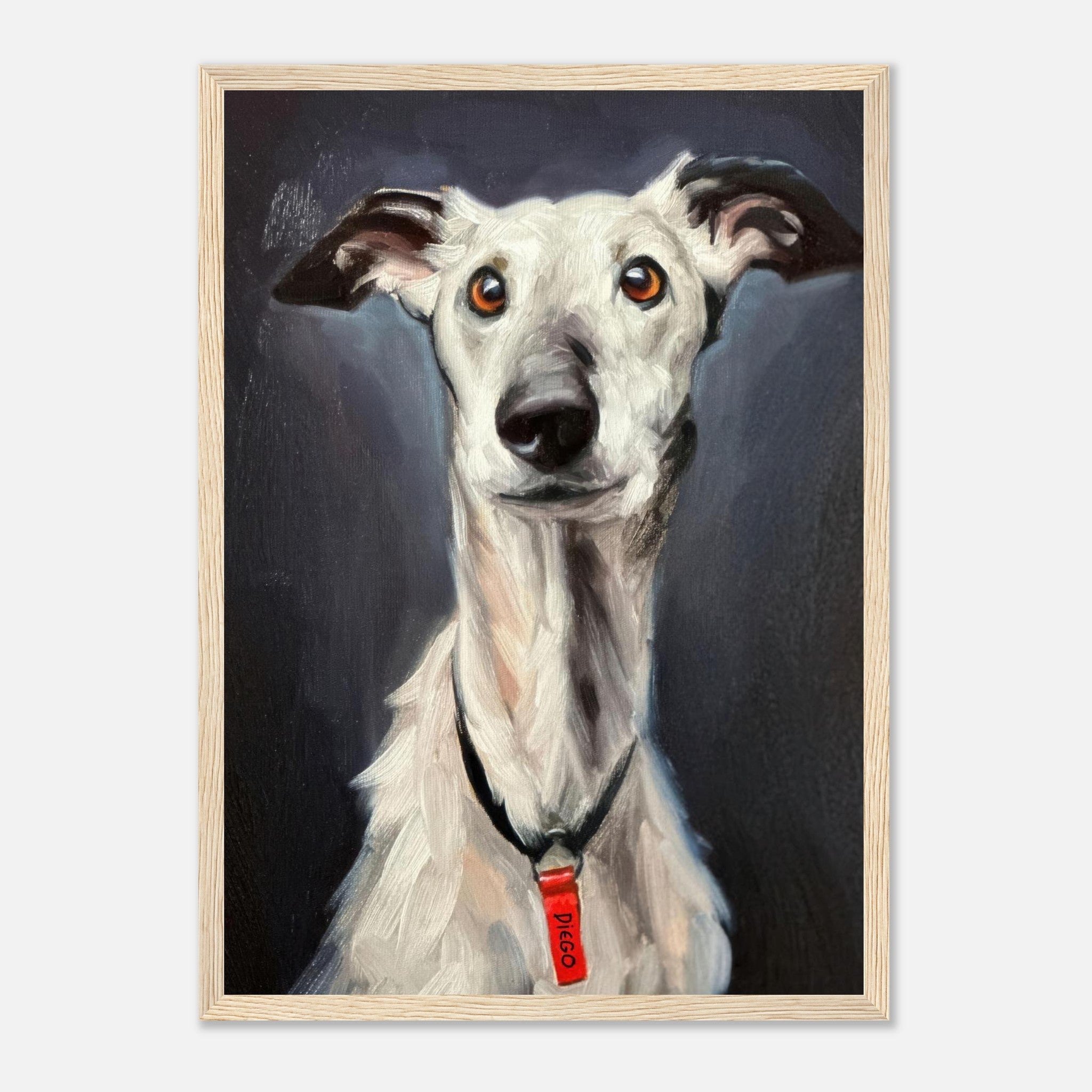 Framed Greyhound dog painting showcasing elegant expression and sleek physique, perfect for home decor.