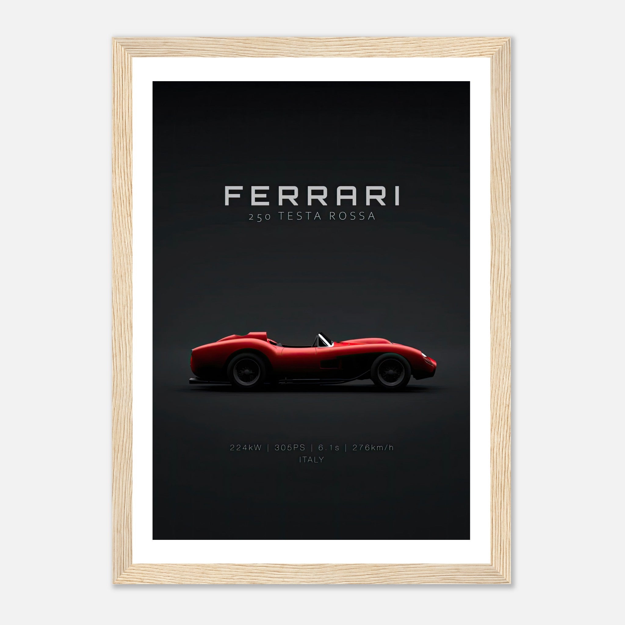 Ferrari 250 Testa Rossa framed poster showcasing a sleek red car design on a black background, perfect for auto enthusiasts.