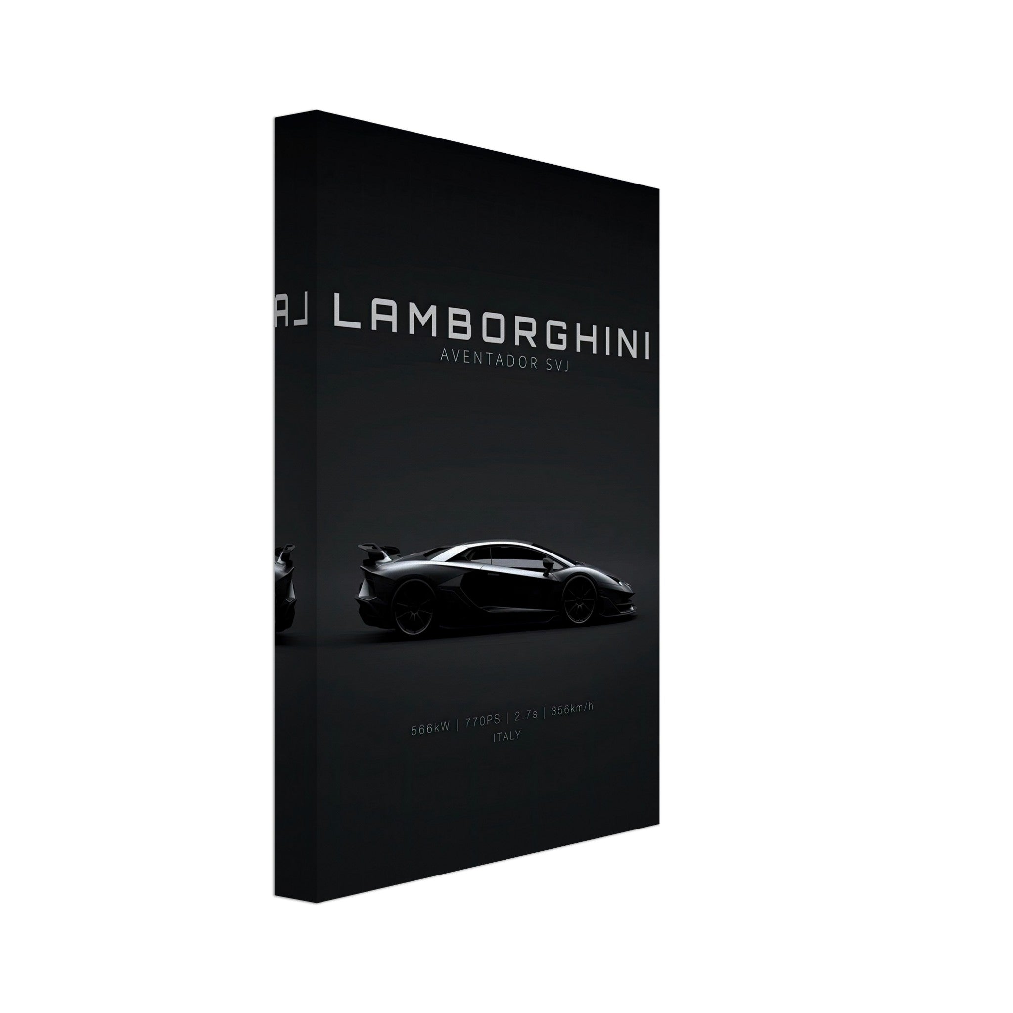 Lamborghini Aventador SVJ canvas art showcasing sleek silhouette on minimalist black background.