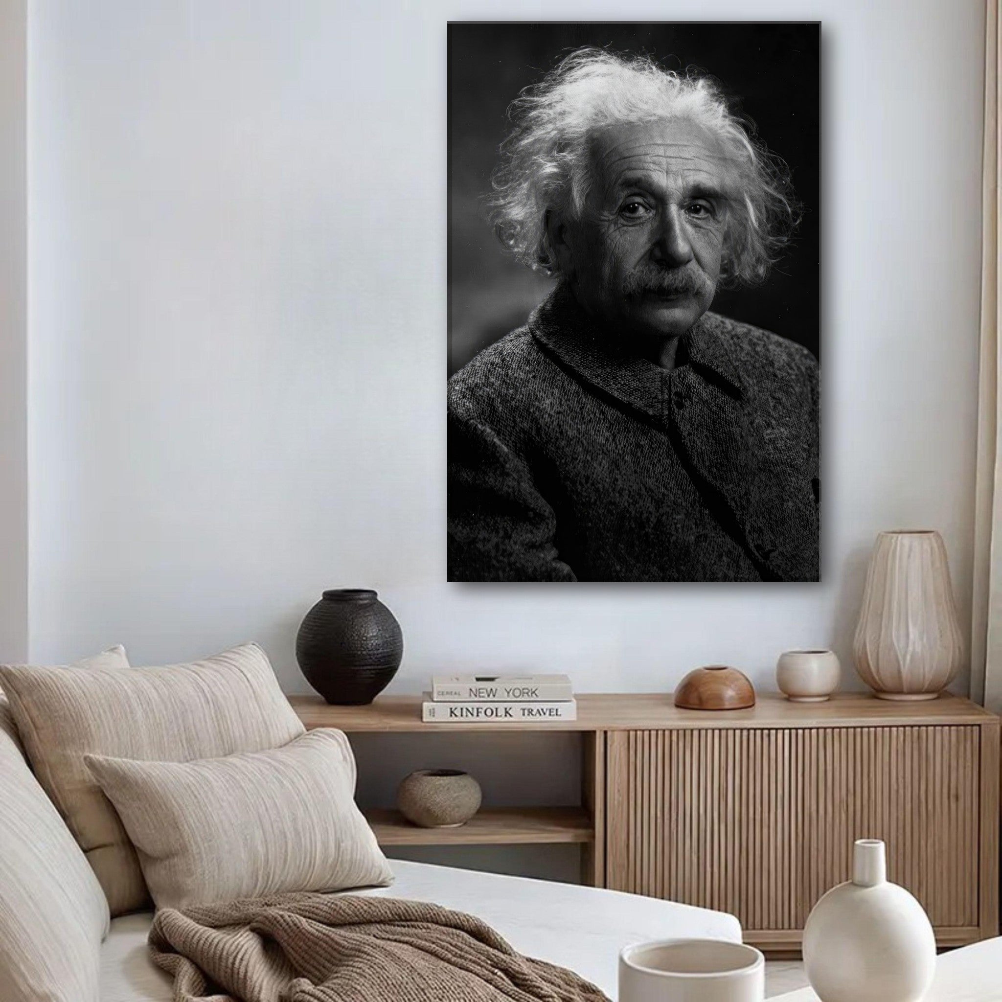Albert Einstein portrait canvas print displayed in a stylish living room, showcasing a thoughtful expression in black and white.
