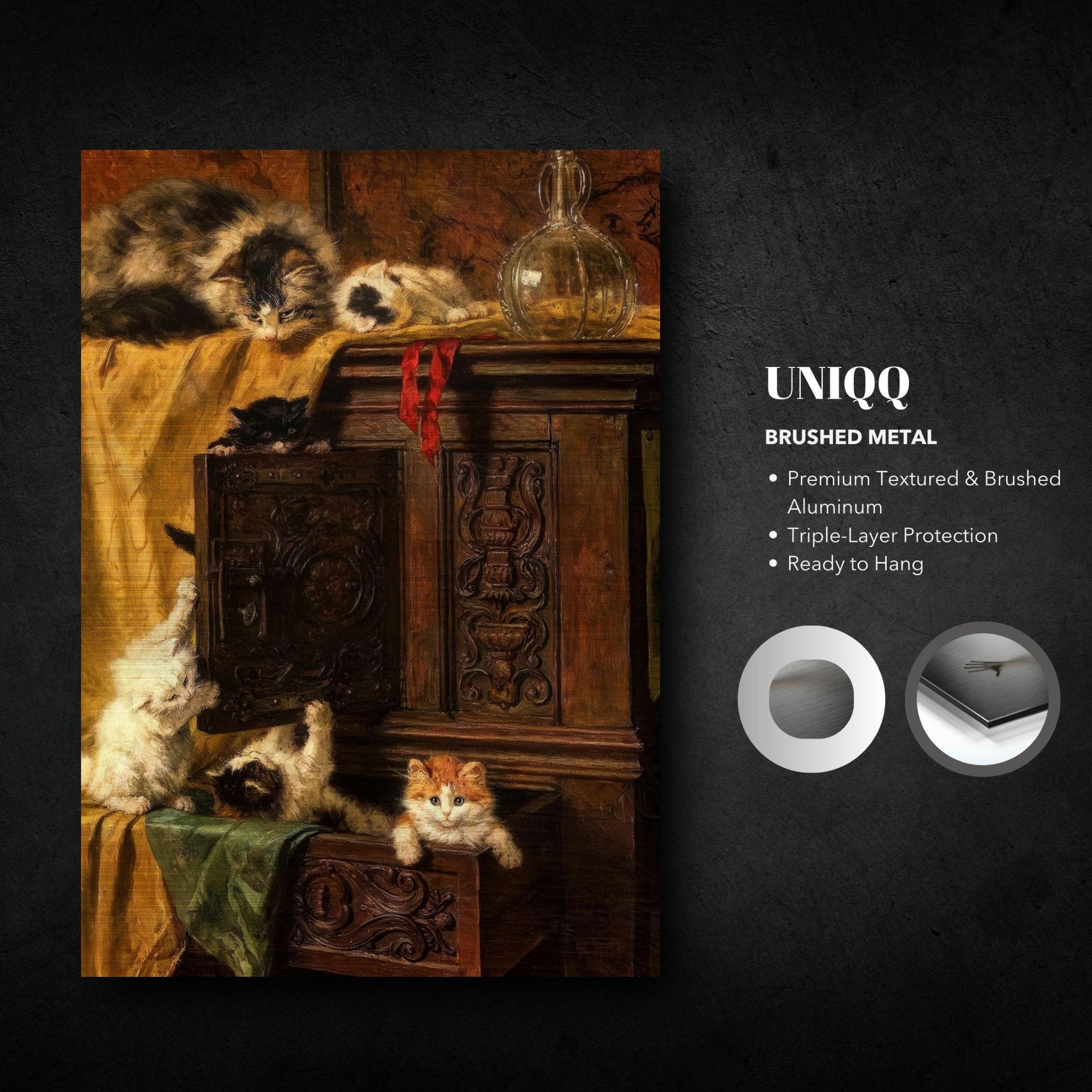 Vintage Cat Painting on brushed metal with kittens exploring a cabinet, perfect for cat lovers.