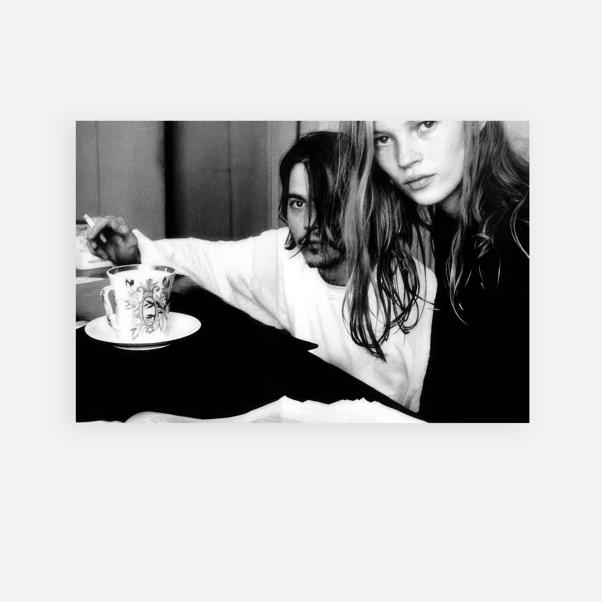 Johnny Depp and Kate Moss black-and-white metal print capturing '90s romance and style in an intimate moment.
