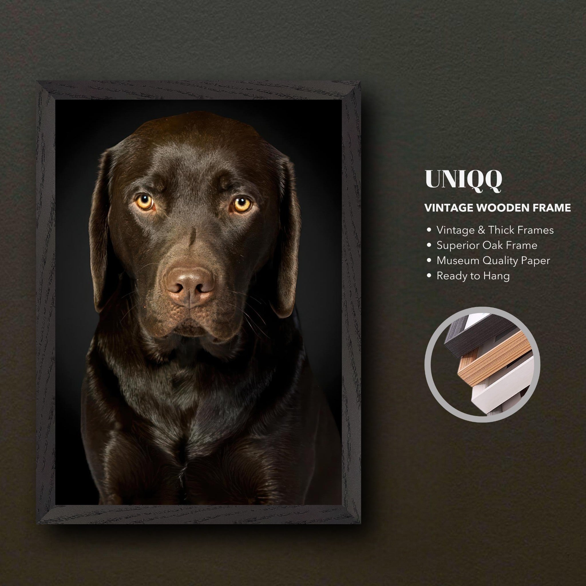 Chocolate Labrador portrait in vintage wooden frame, showcasing rich tones and soulful gaze, perfect for dog lovers.