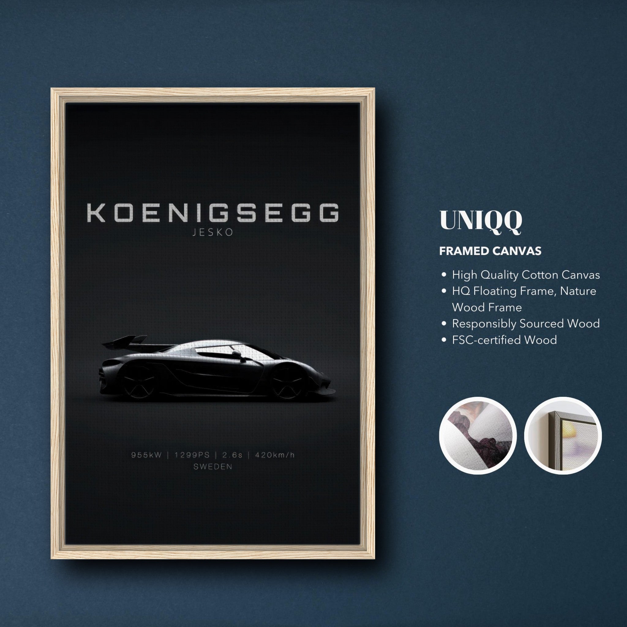 Koenigsegg Jesko framed canvas print featuring sleek silhouette and minimalist design, perfect wall art for luxury car enthusiasts.