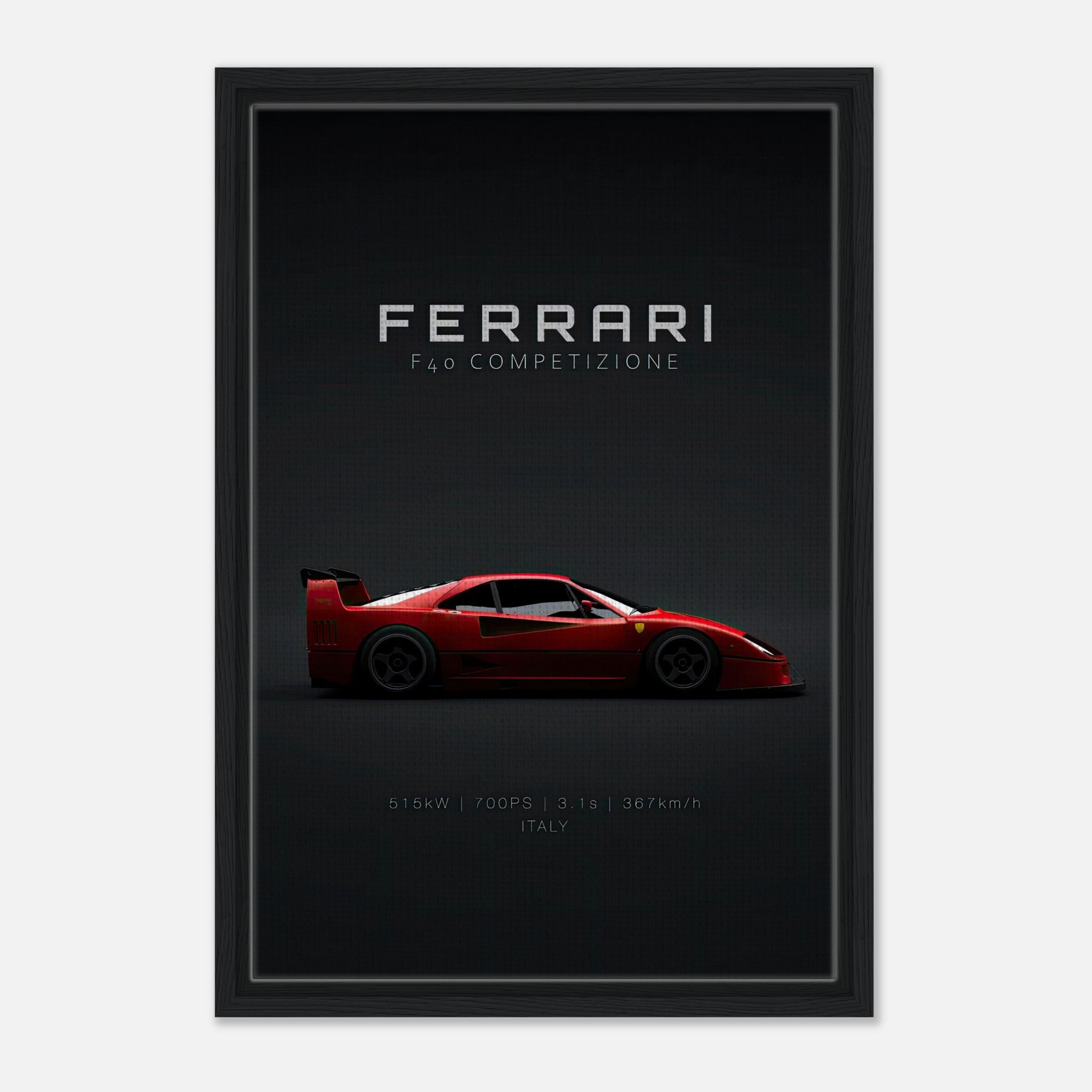 Framed canvas of Ferrari F40 Competizione showcasing its sleek design against a minimalist black background.