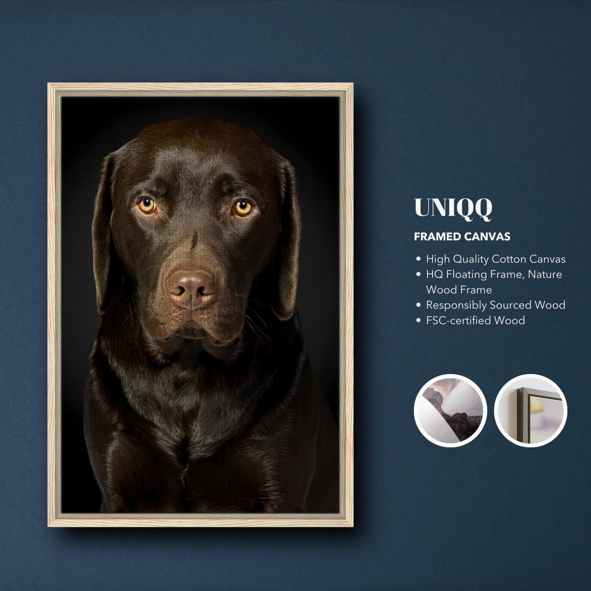 Chocolate Labrador portrait framed canvas print showcasing rich brown coat and expressive eyes.