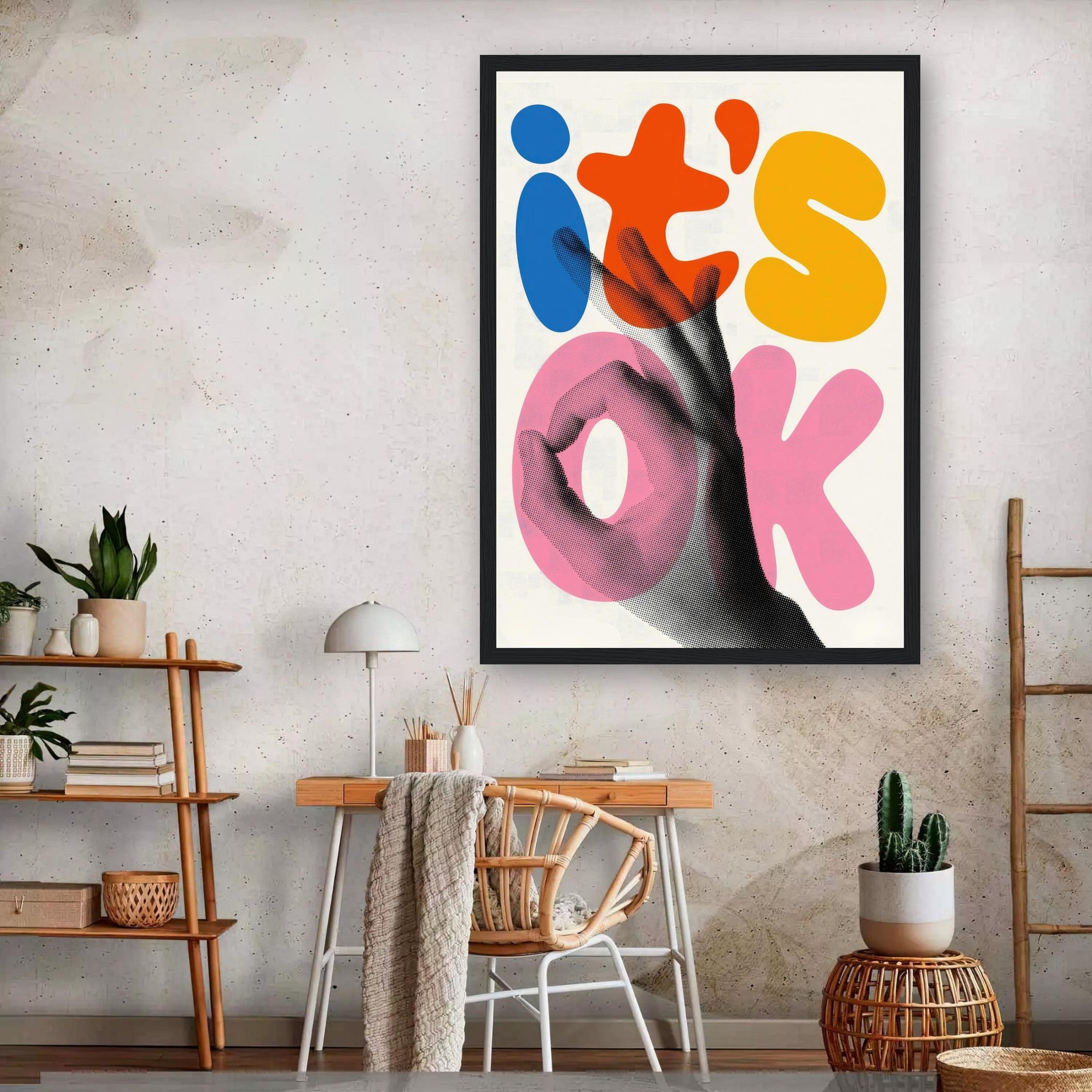 Retro Abstract Pop Art framed print with uplifting colors in a modern interior setting.