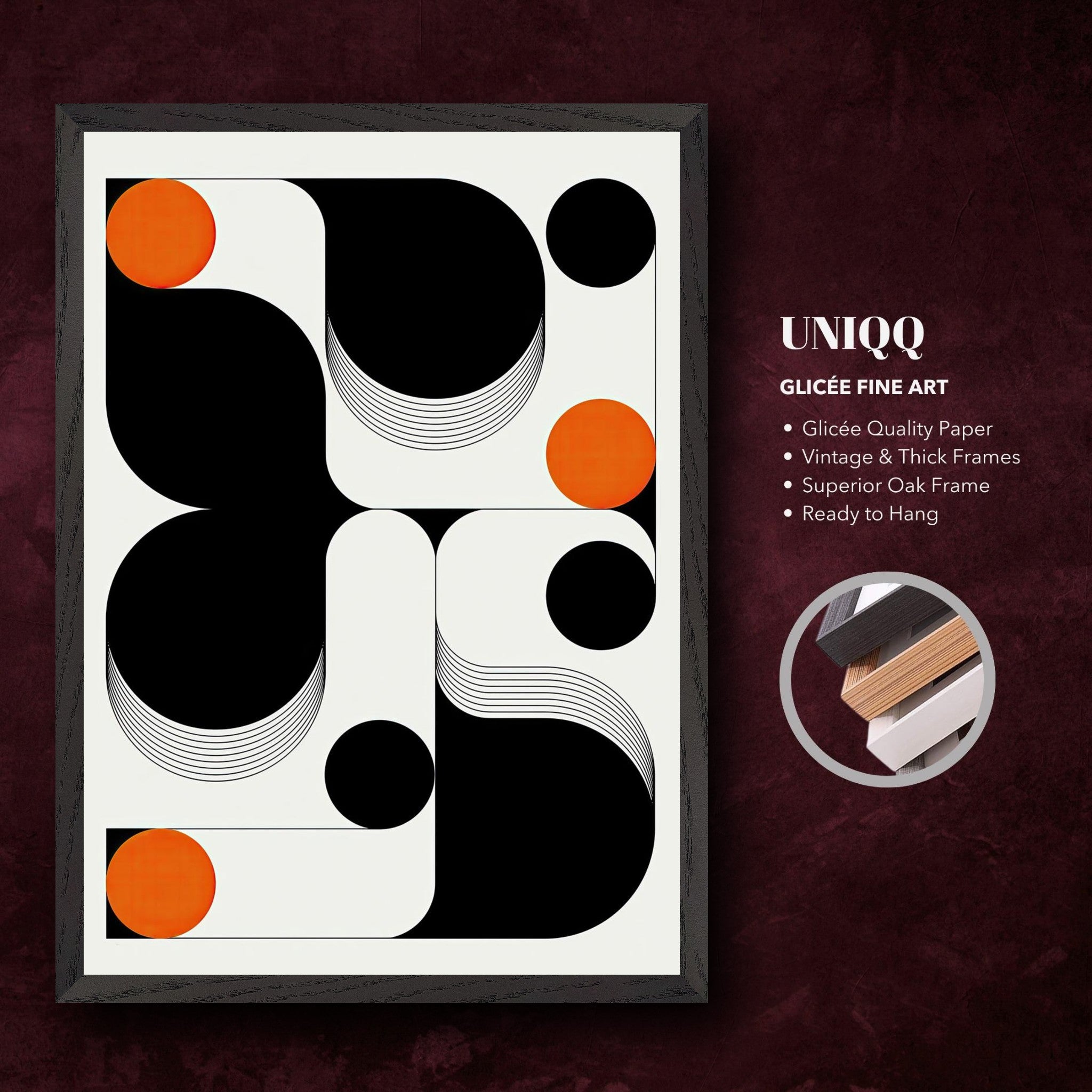 Modern geometric abstract art in thick oak frame featuring bold black, white, and orange shapes, ready to hang.