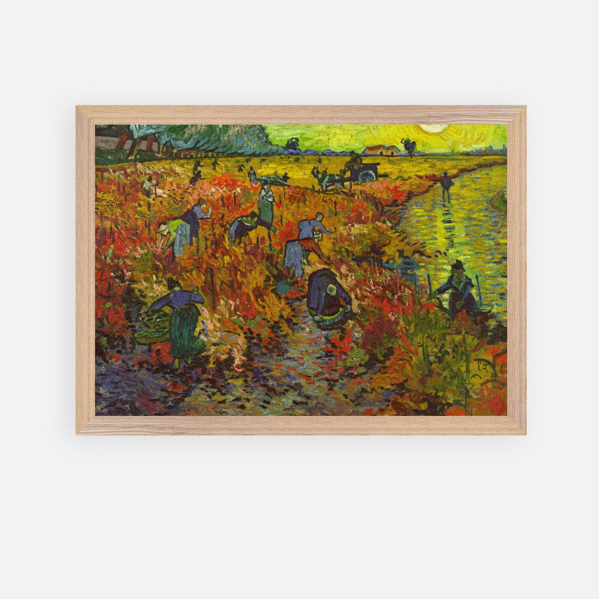 Framed art print of Van Gogh's The Red Vineyard, depicting grape harvesters in vibrant autumn hues.