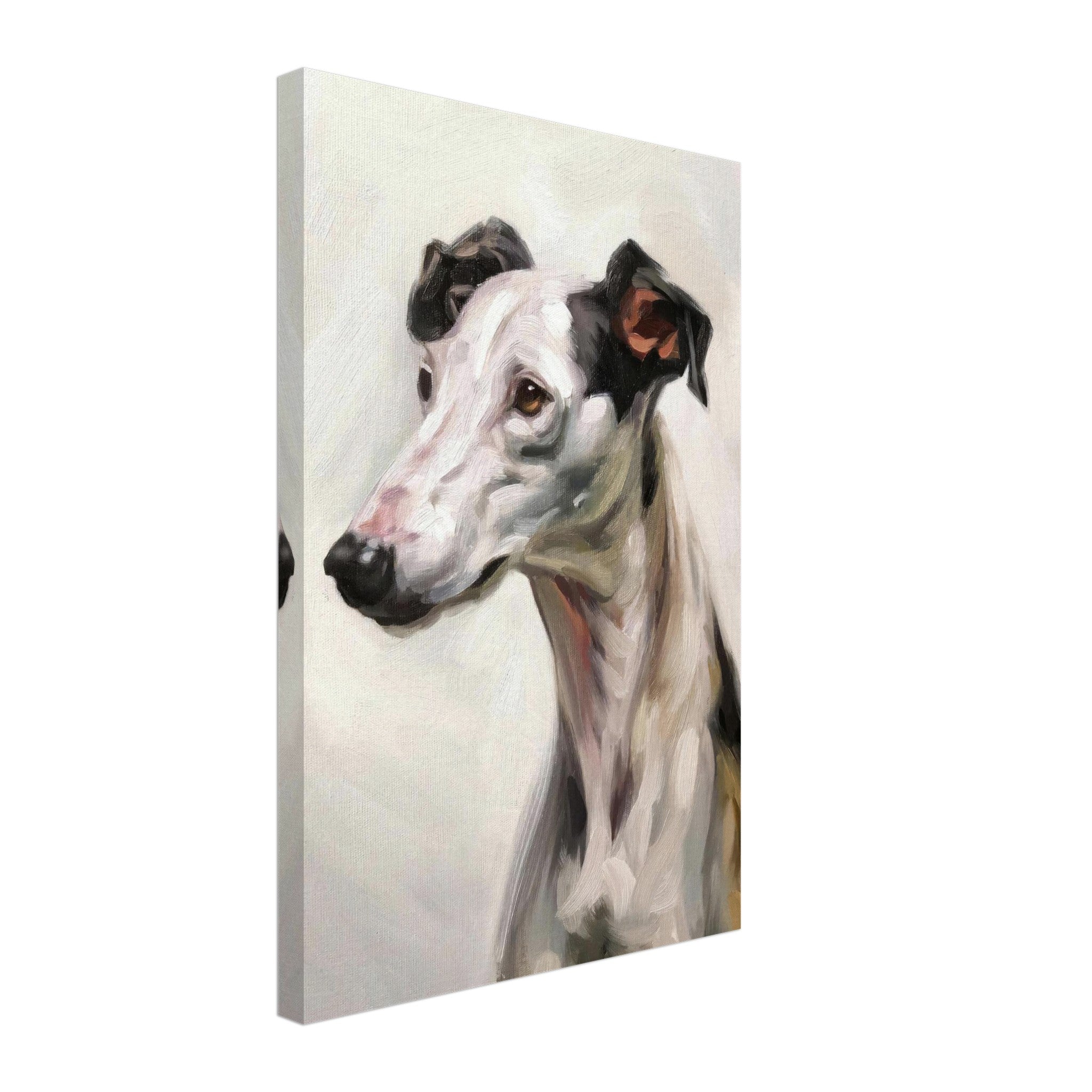 Greyhound dog painting canvas print showcasing elegant dog portrait with soft brushstrokes and muted colors.