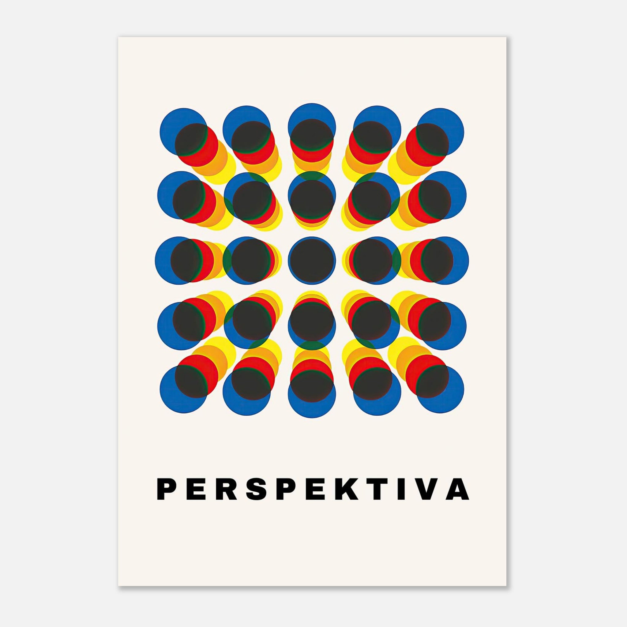 Perspective Abstract Art Poster featuring bold geometric pattern in blue, red, yellow, and black colors, creating an optical illusion.