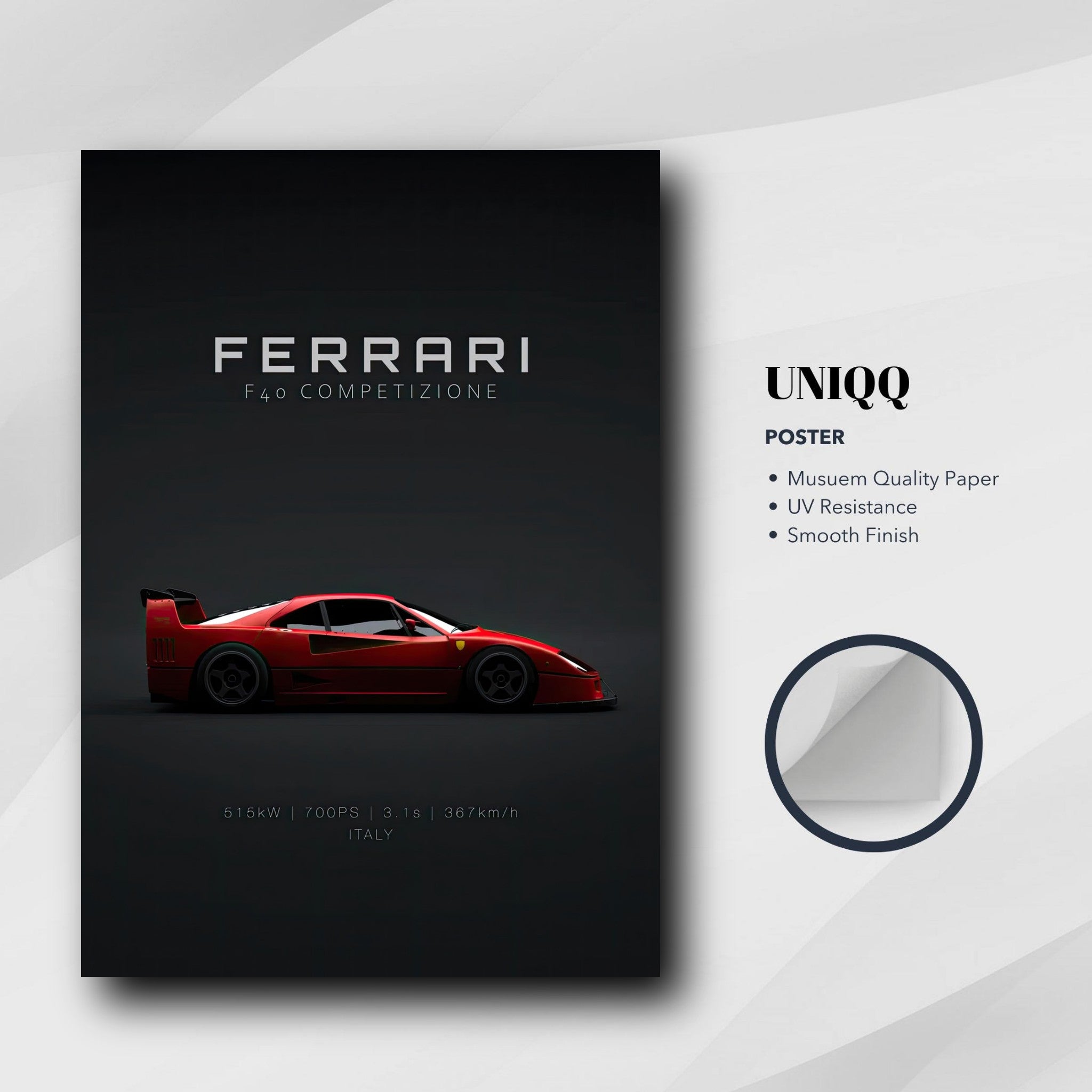 Ferrari F40 Competizione poster showcasing sleek design and vibrant colors on premium quality paper.