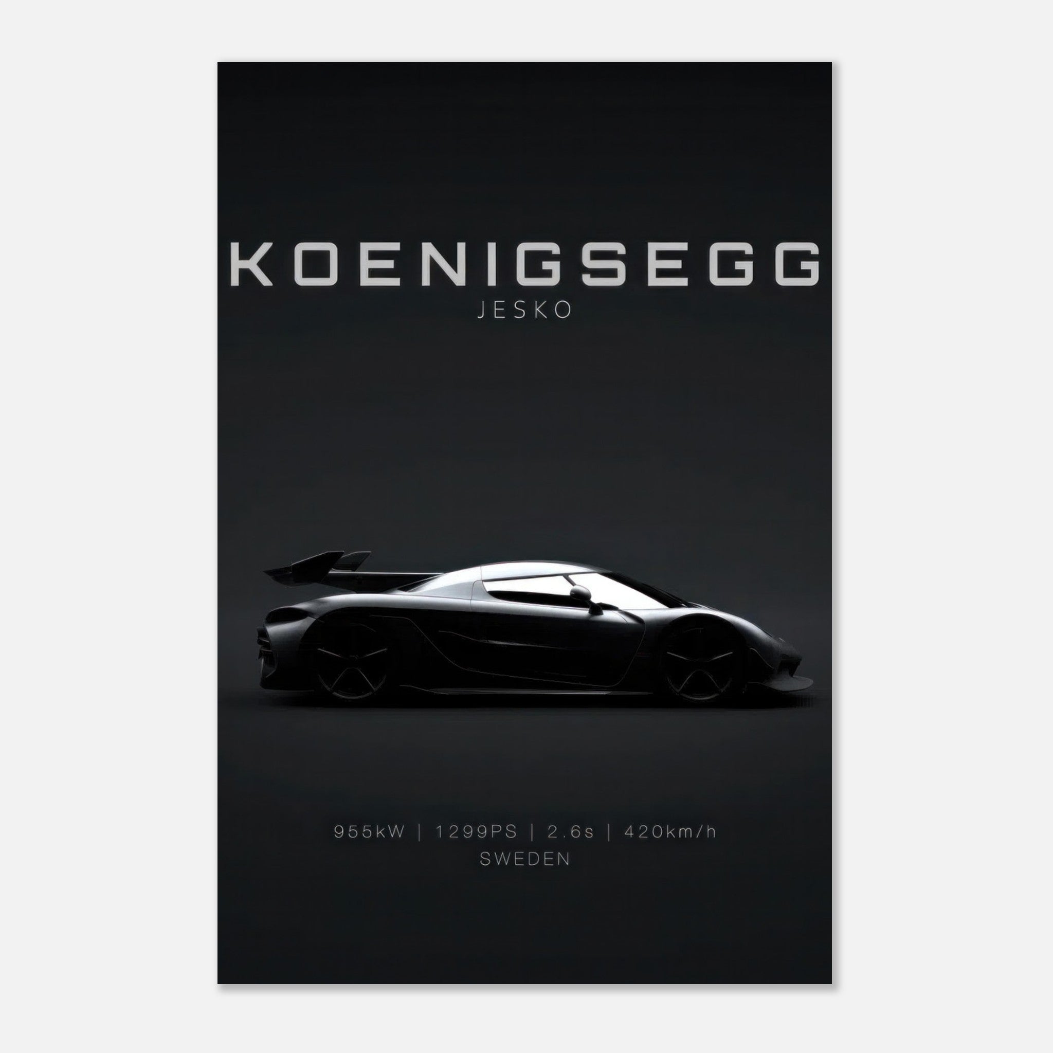 Koenigsegg Jesko metal print showcasing sleek silhouette and powerful design on a minimalistic background.
