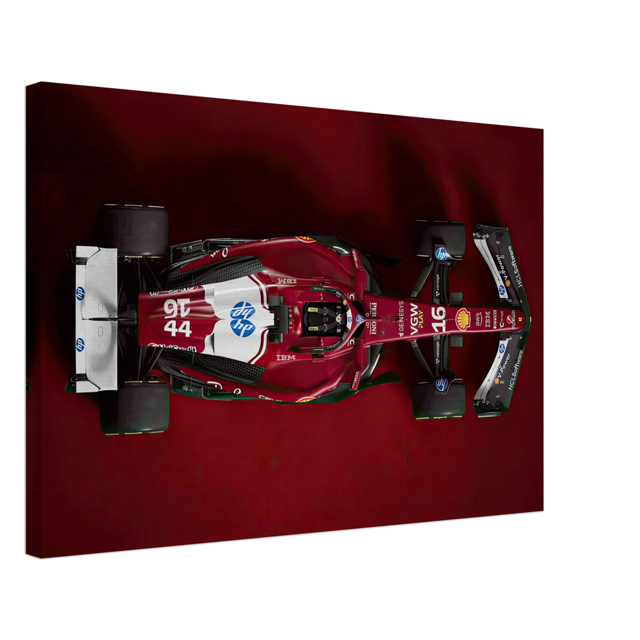 Top-down view of the Ferrari F1 2025 canvas print showcasing sleek design and bold red livery.