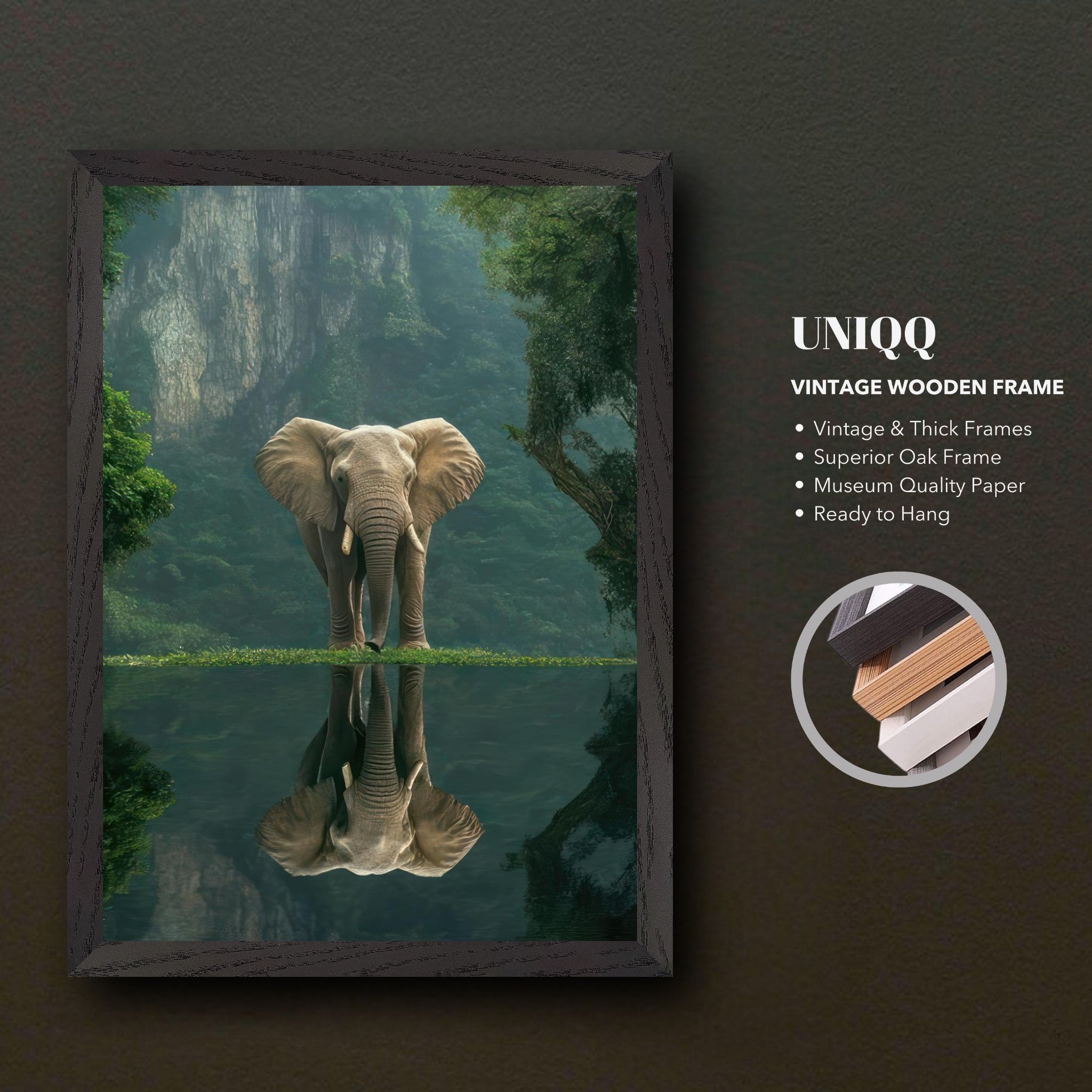 Jungle Elephant Portrait vintage framed print with serene water reflection and lush forest backdrop.