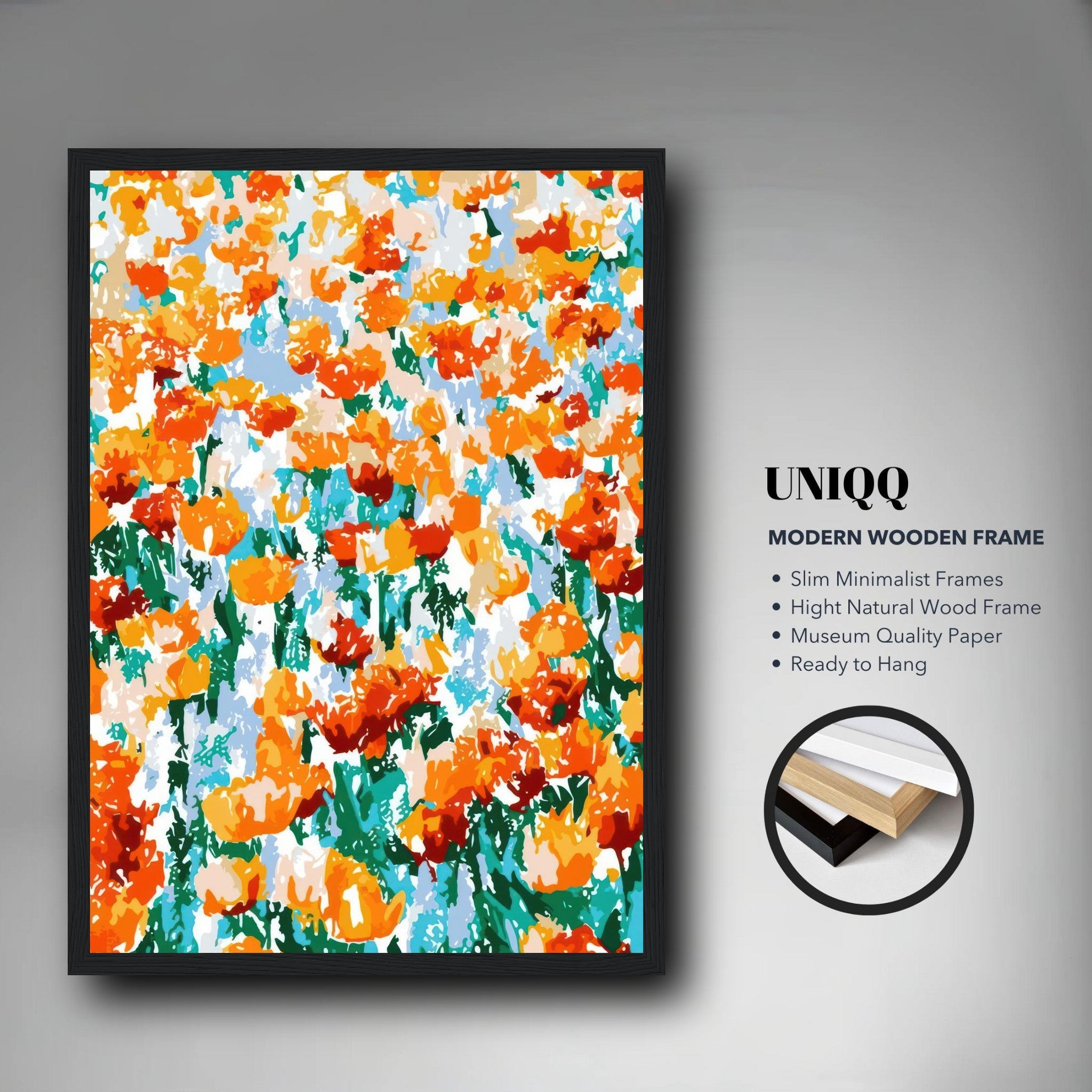 Abstract floral tulip garden framed print showcasing vibrant orange and green hues, perfect for modern decor.