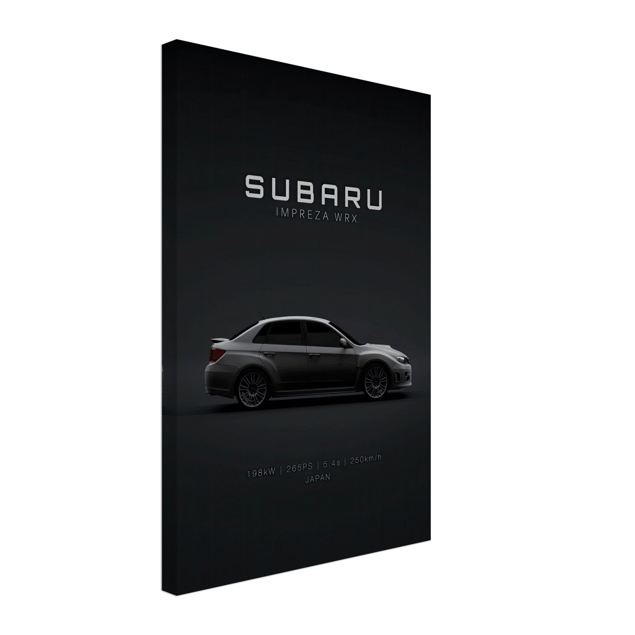 Subaru WRX canvas wall art featuring sleek design and black backdrop, perfect for car enthusiasts and collectors.