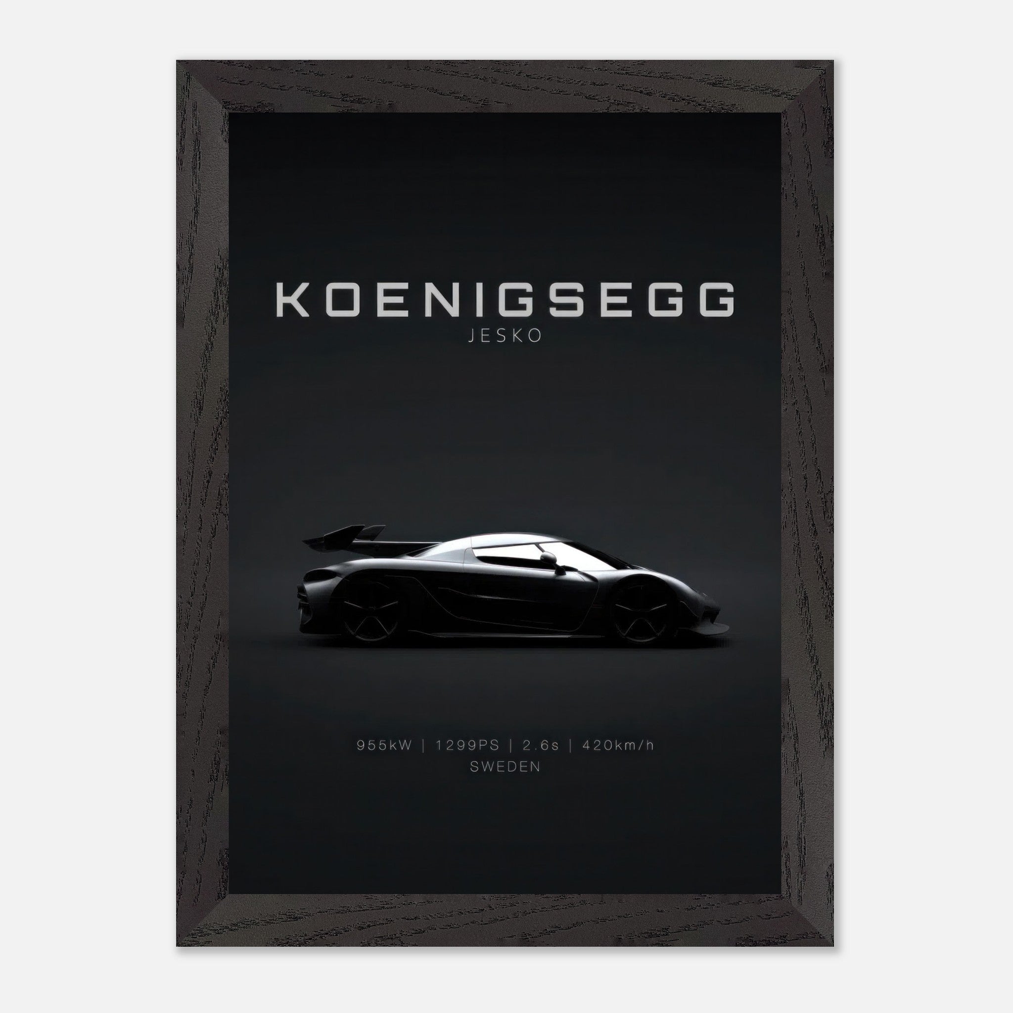 Koenigsegg Jesko vintage framed art showcasing sleek hypercar design on a minimalist black background.