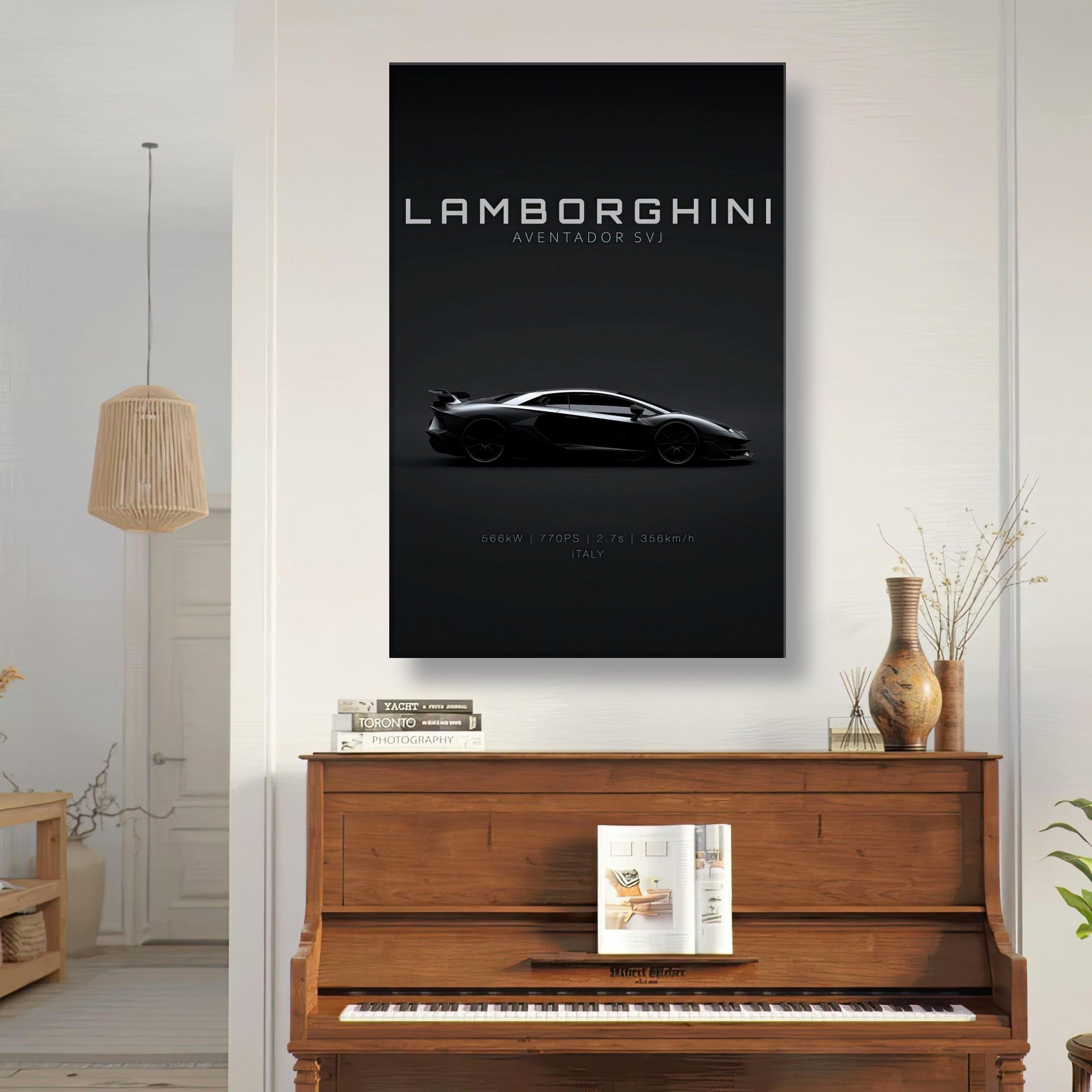 Lamborghini Aventador SVJ canvas art displayed in elegant interior with minimalist design.
