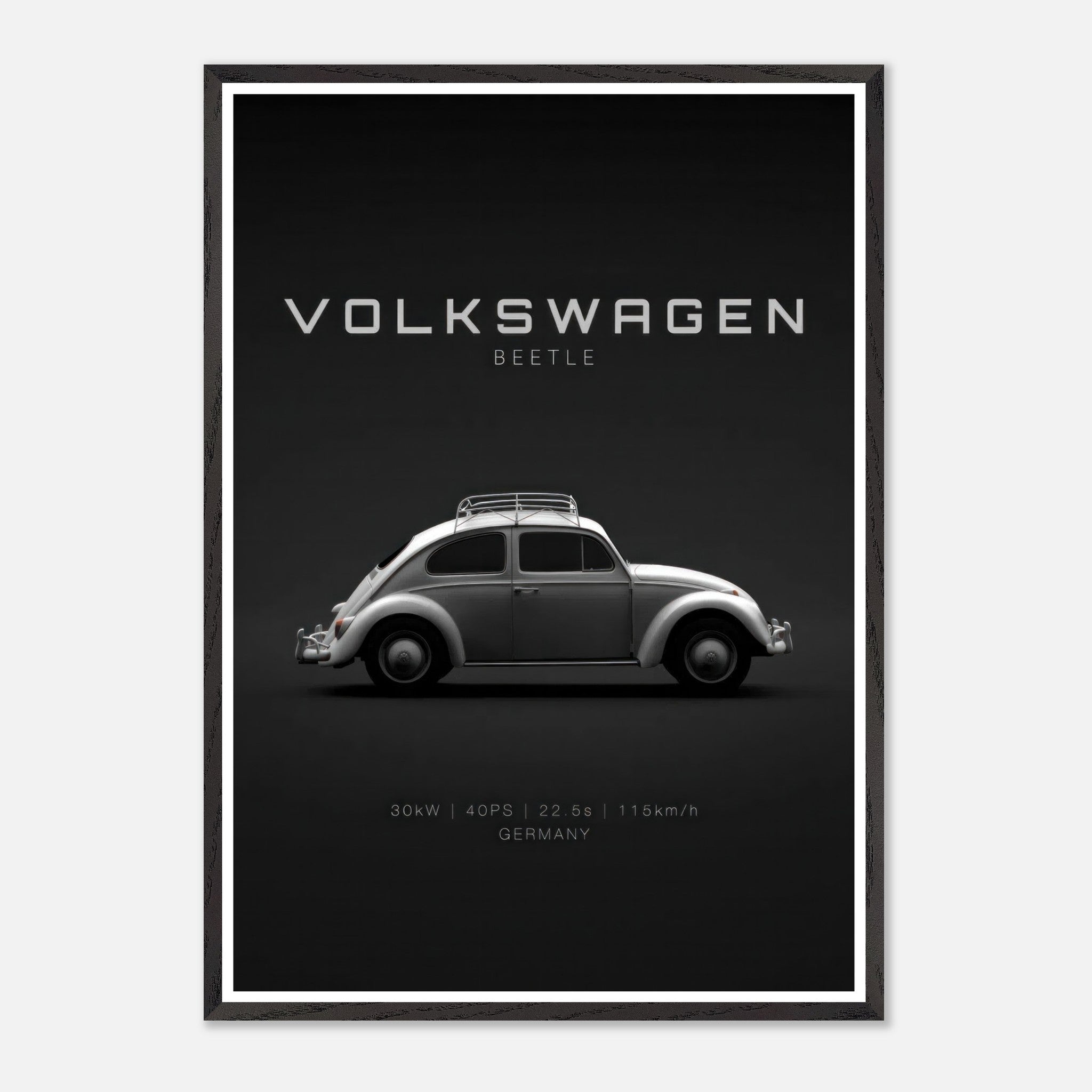 Vintage Volkswagen Beetle framed art print showcasing iconic design on minimalist black background.
