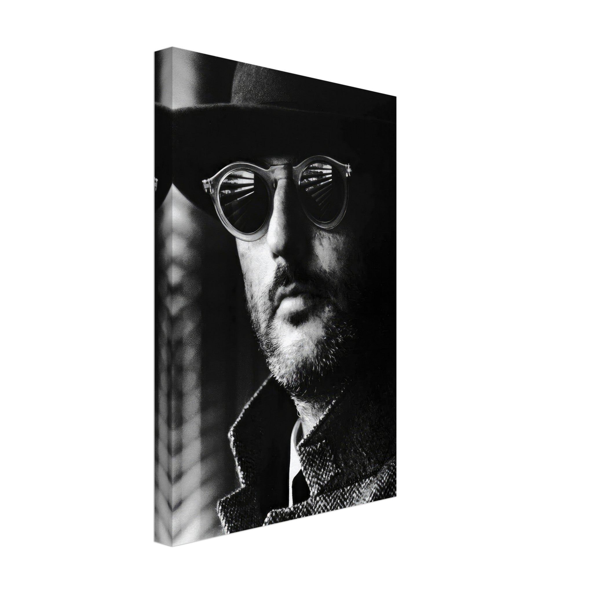 Jean Reno Leon black-and-white photography canvas, featuring a striking portrait with stylish sunglasses.