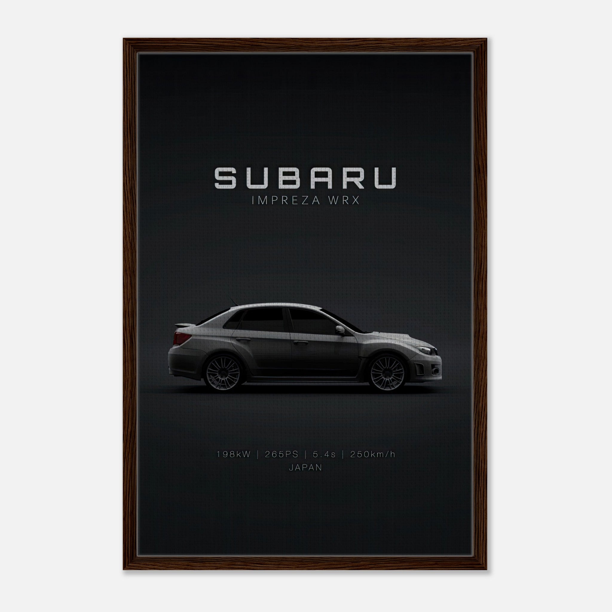 Subaru WRX Framed Canvas featuring a sleek profile view with specifications, perfect for car enthusiasts.