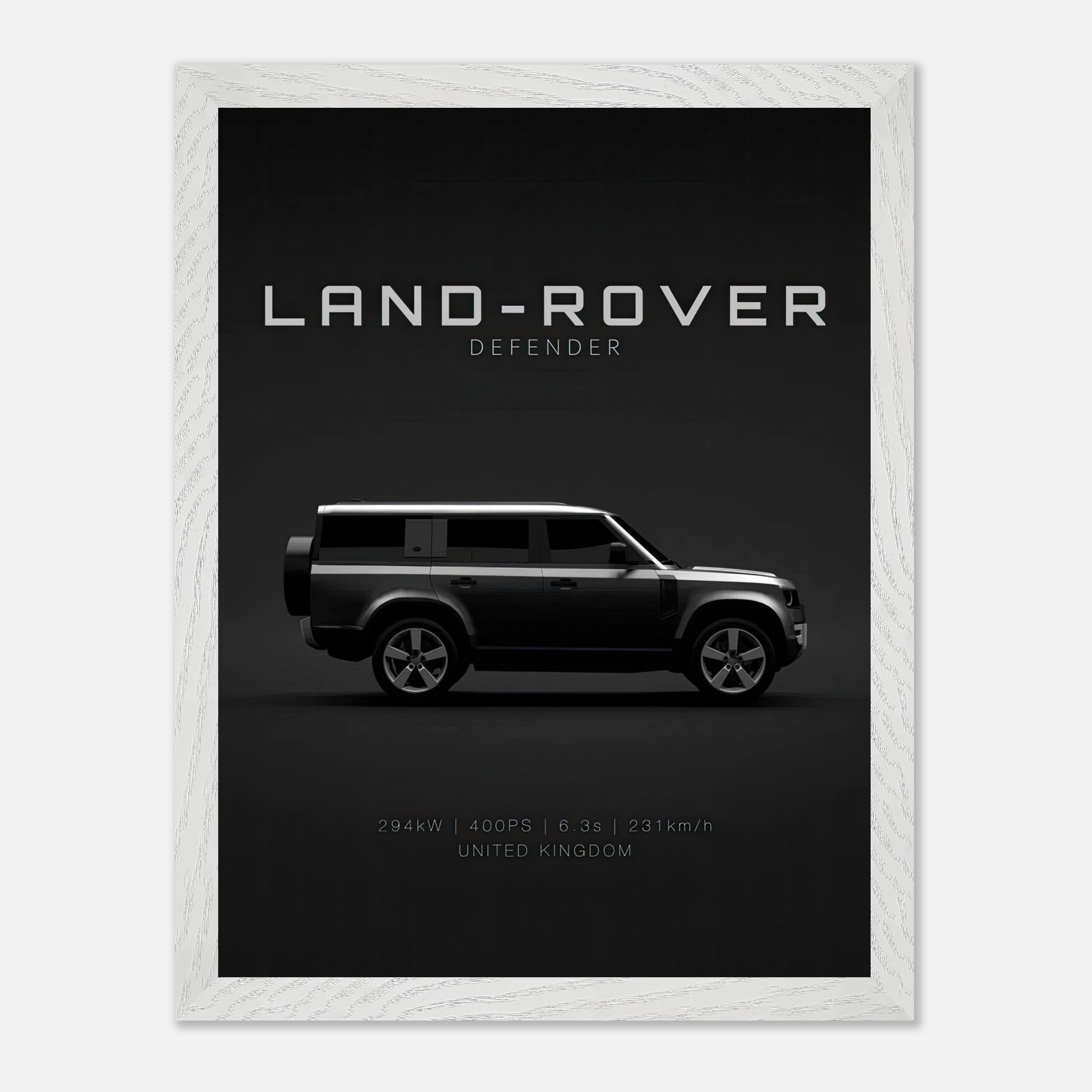 Land Rover Defender vintage framed art print showcasing iconic vehicle silhouette on black background.
