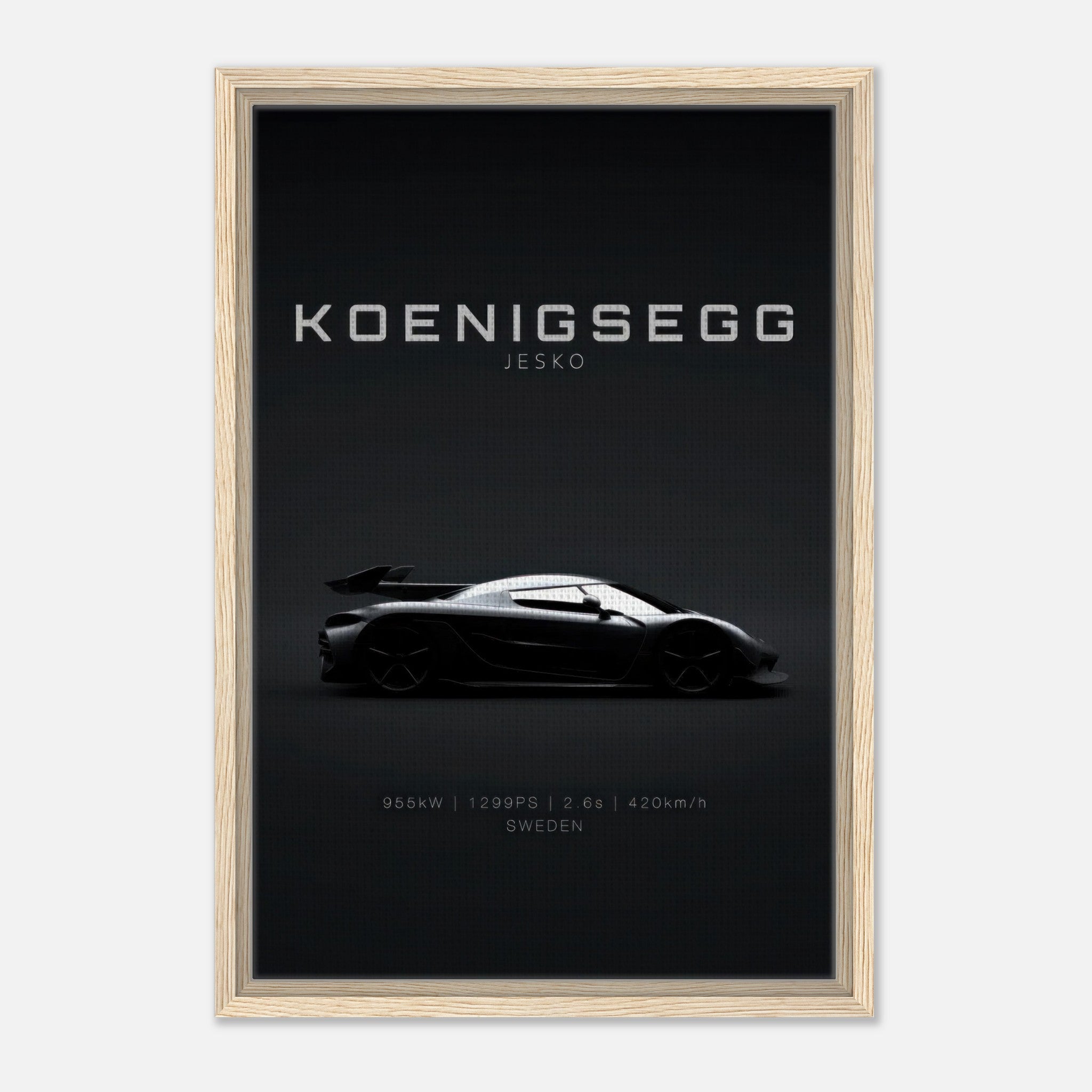 Koenigsegg Jesko framed canvas print showcasing the hypercar's sleek design on a minimalist black background.