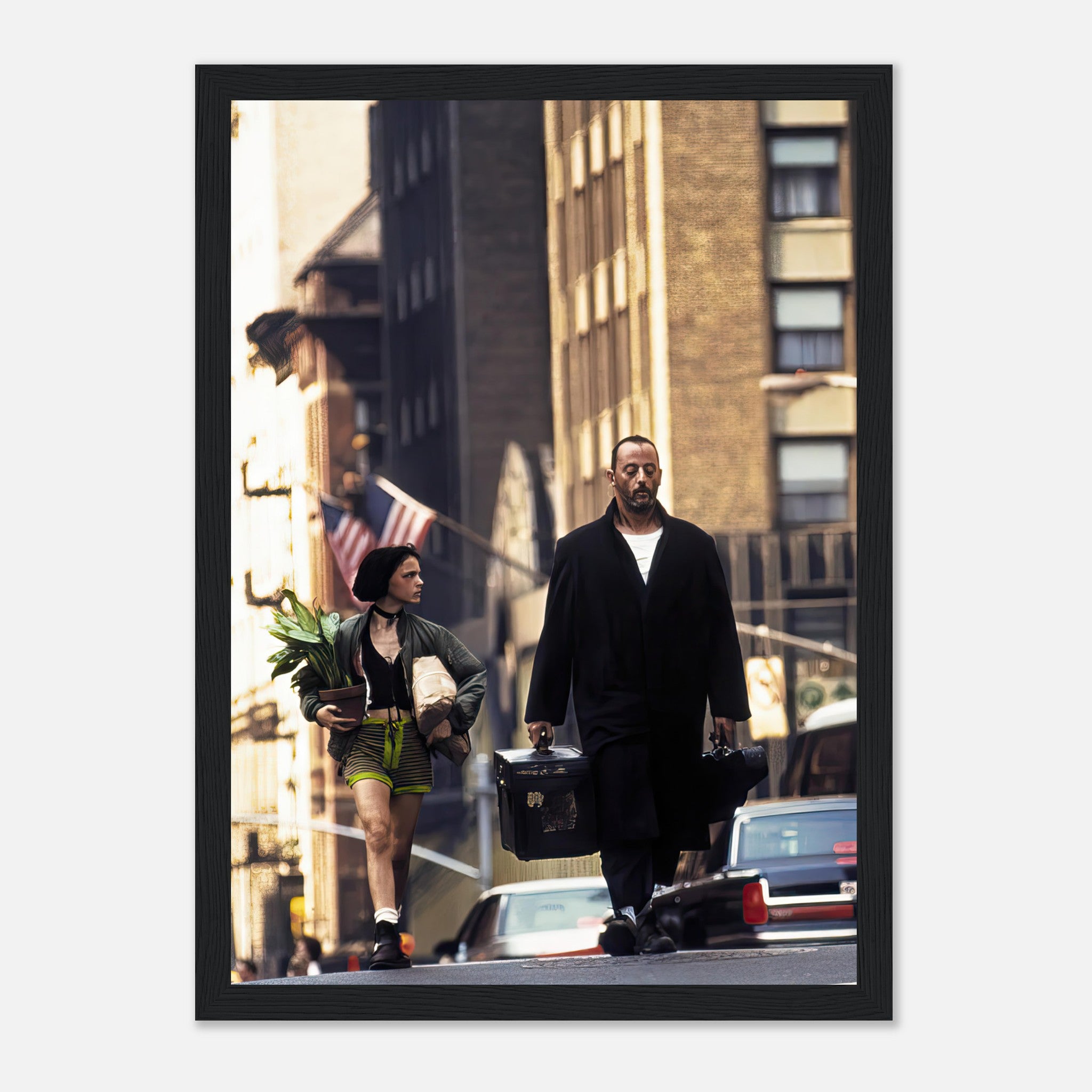 Jean Reno and Natalie Portman in *Leon*, framed print capturing their iconic bond in a city backdrop.