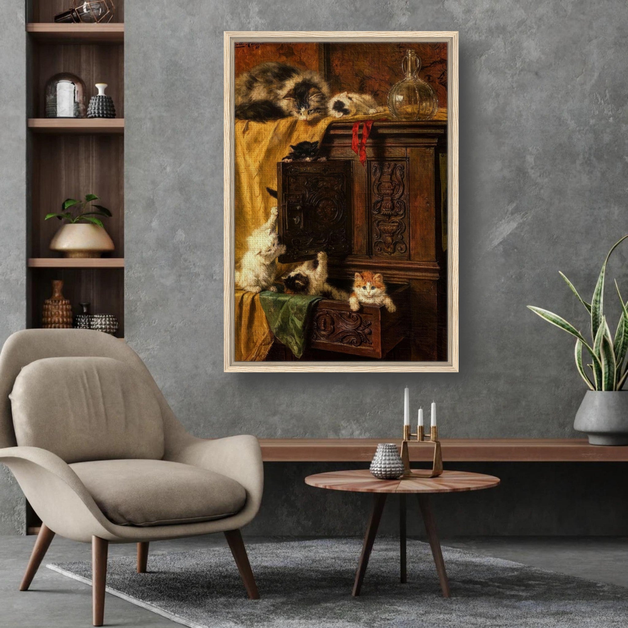 Vintage cat painting framed canvas print showcasing playful kittens in a cozy home setting.