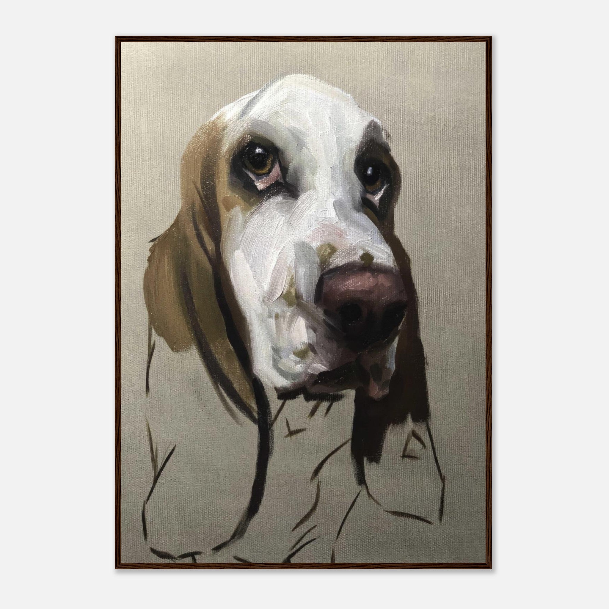 Basset Hound dog painting framed print featuring expressive brushstrokes and soulful eyes.