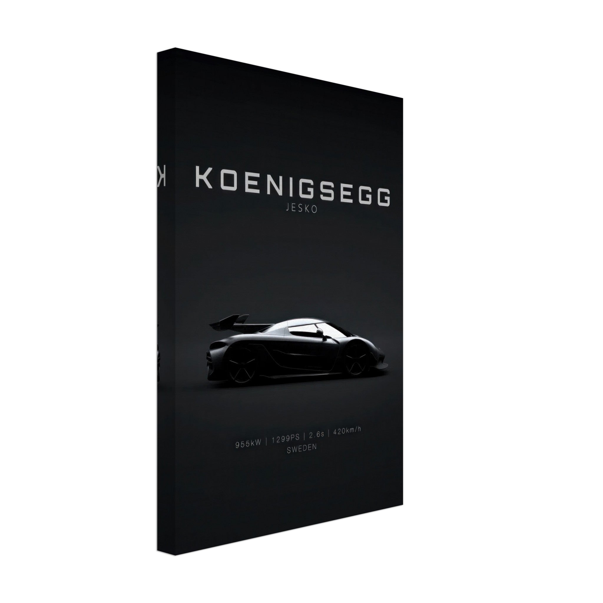 Koenigsegg Jesko canvas art featuring elegant silhouette on black background, celebrating Swedish automotive engineering.