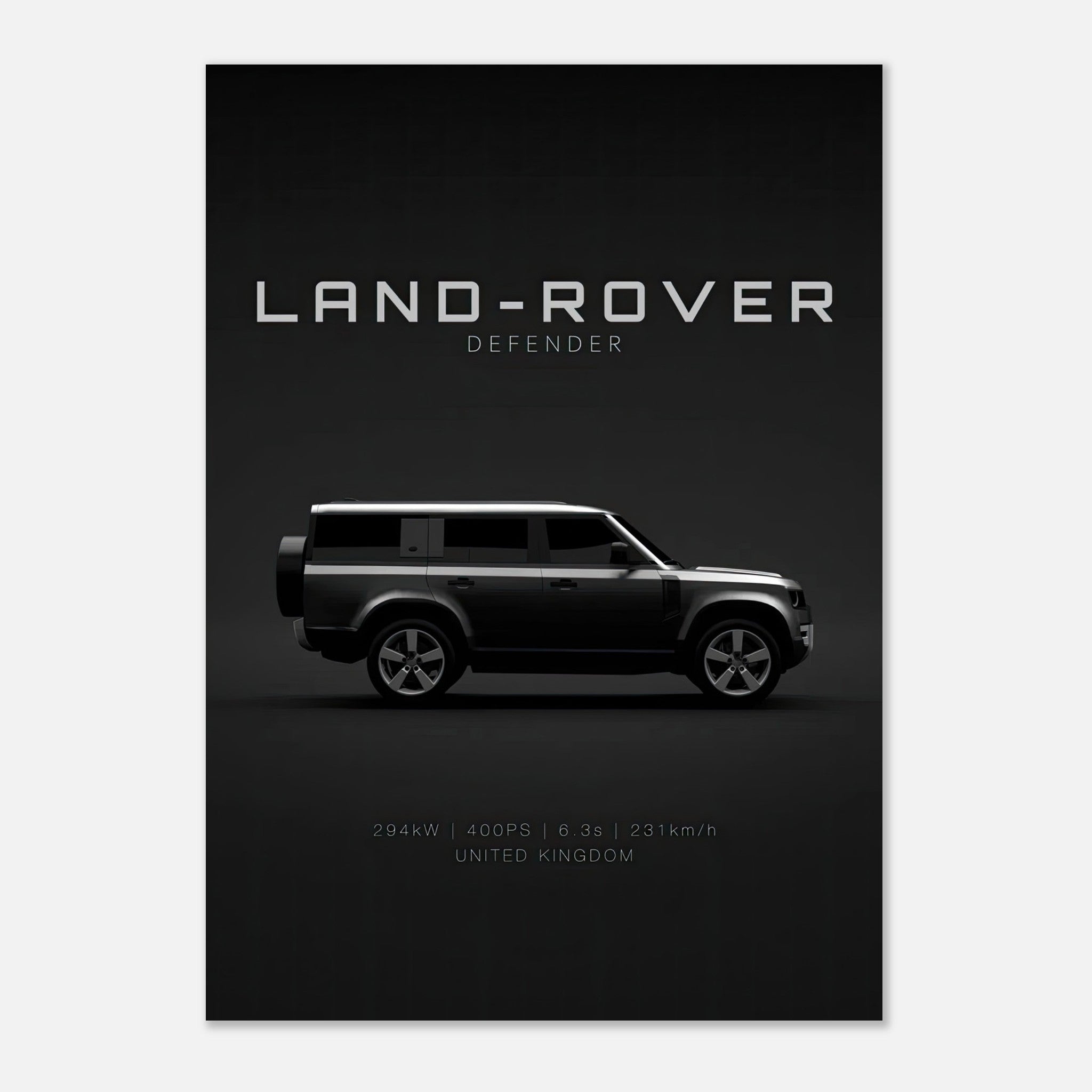 Land Rover Defender poster showcasing the sleek design of the vehicle against a dark backdrop.