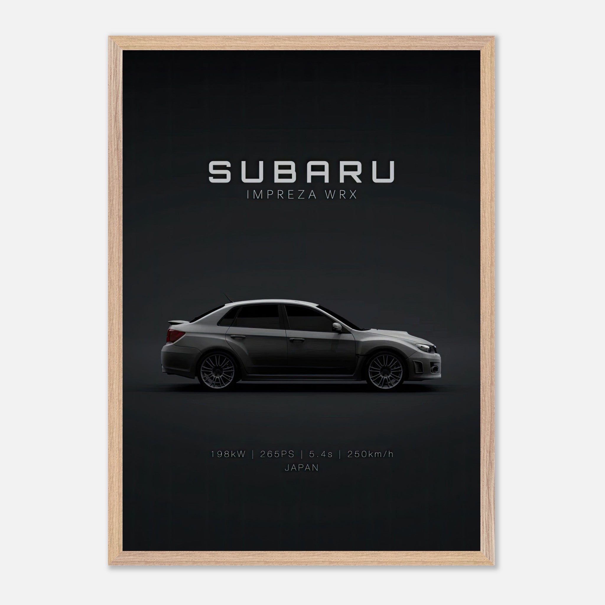 Subaru WRX vintage framed art showcasing sleek design and engineering excellence against a minimalist dark backdrop.