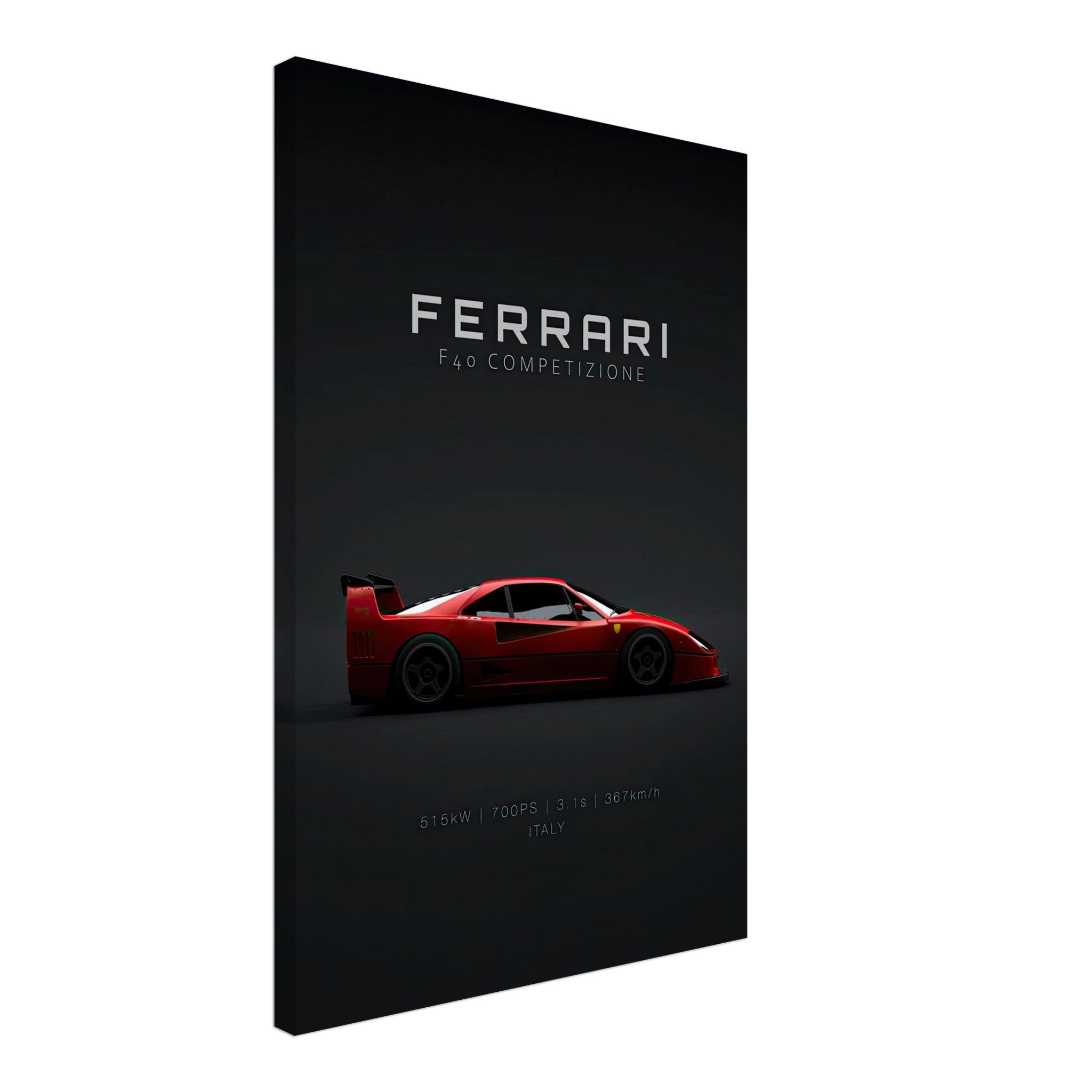 Ferrari F40 Competizione canvas art showcasing a sleek red supercar on a minimalist black background.