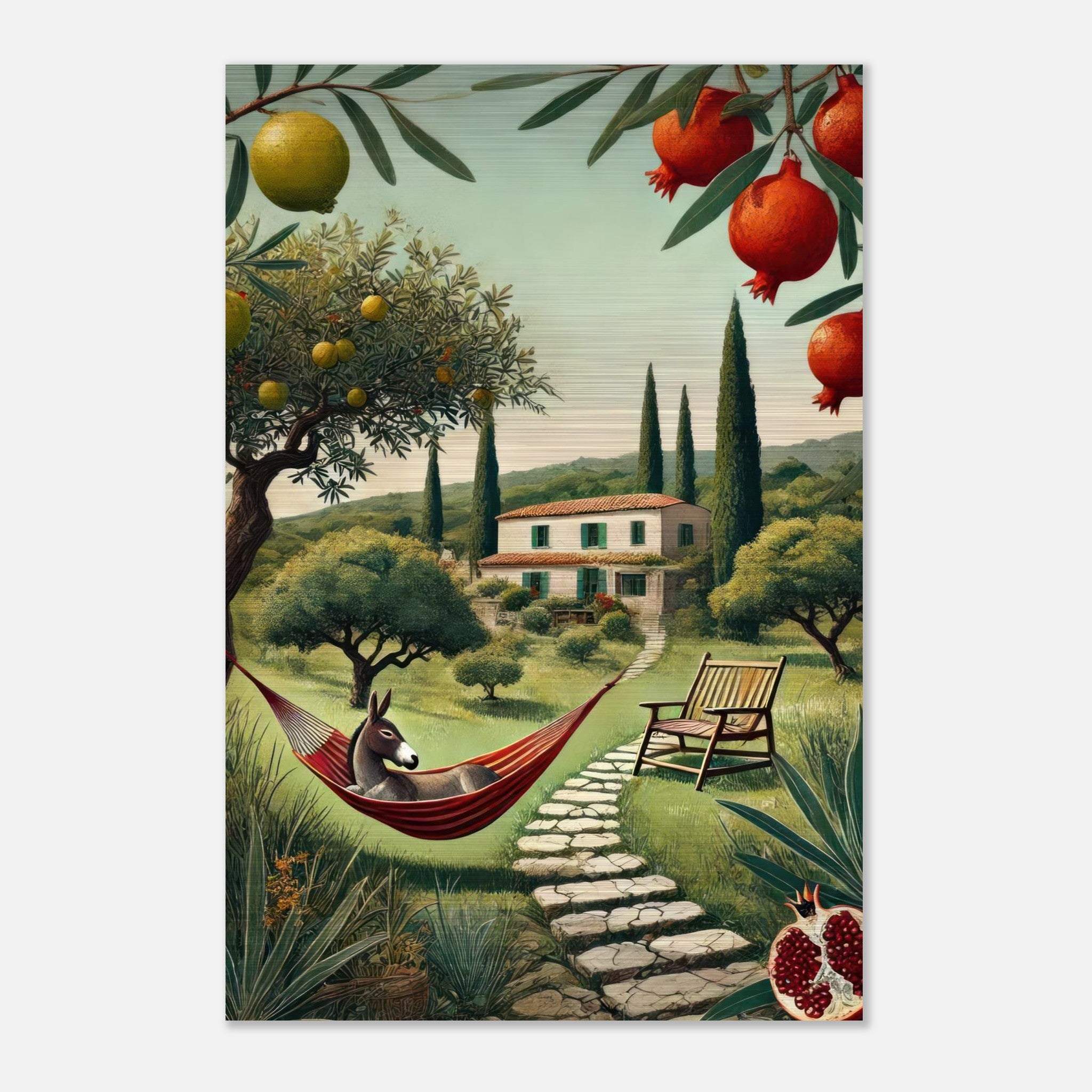 Charming Mediterranean landscape artwork featuring a donkey in a hammock surrounded by olive trees and pomegranates.