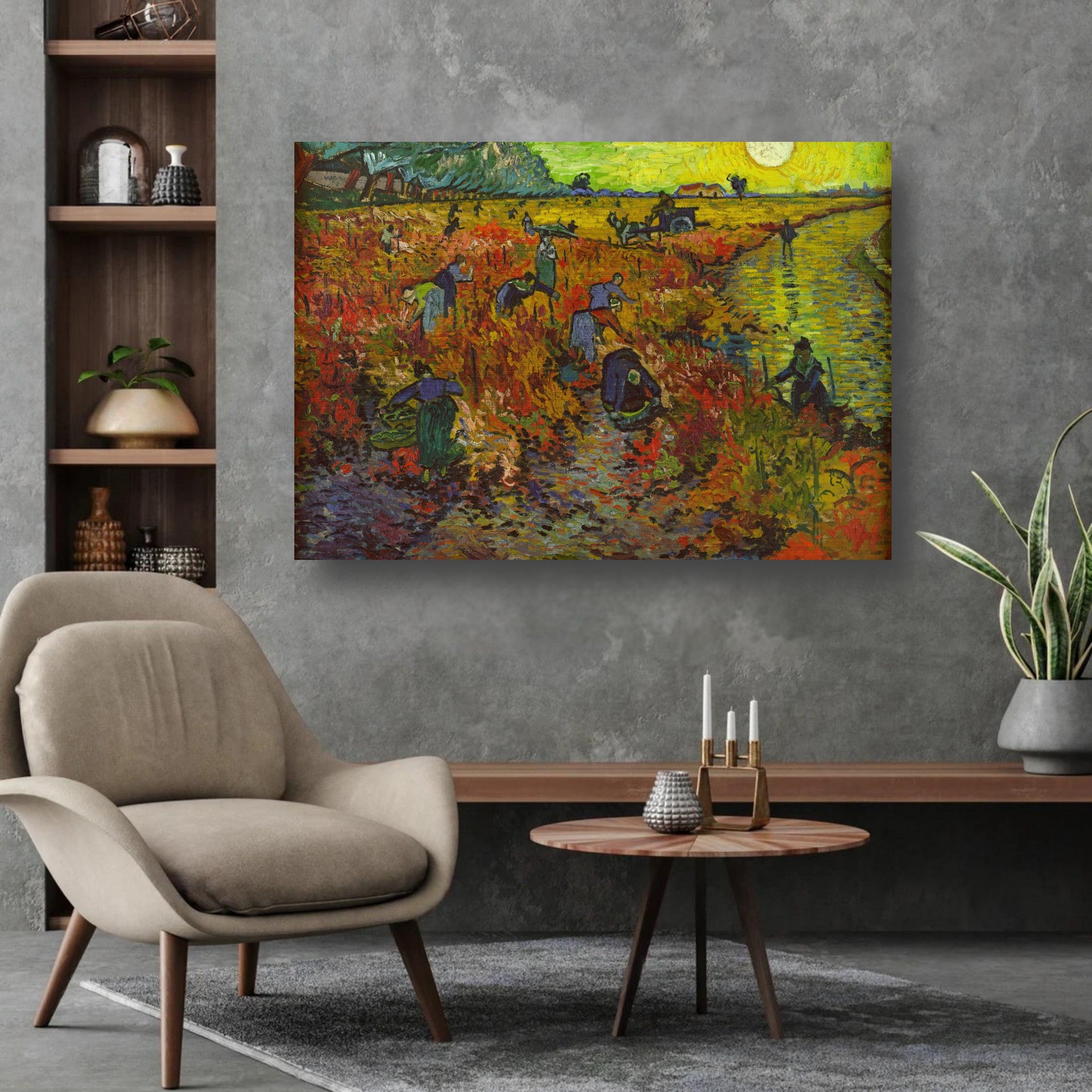 The Red Vineyard by Van Gogh on brushed metal; vibrant autumn colors and dynamic brushstrokes in a modern living room.