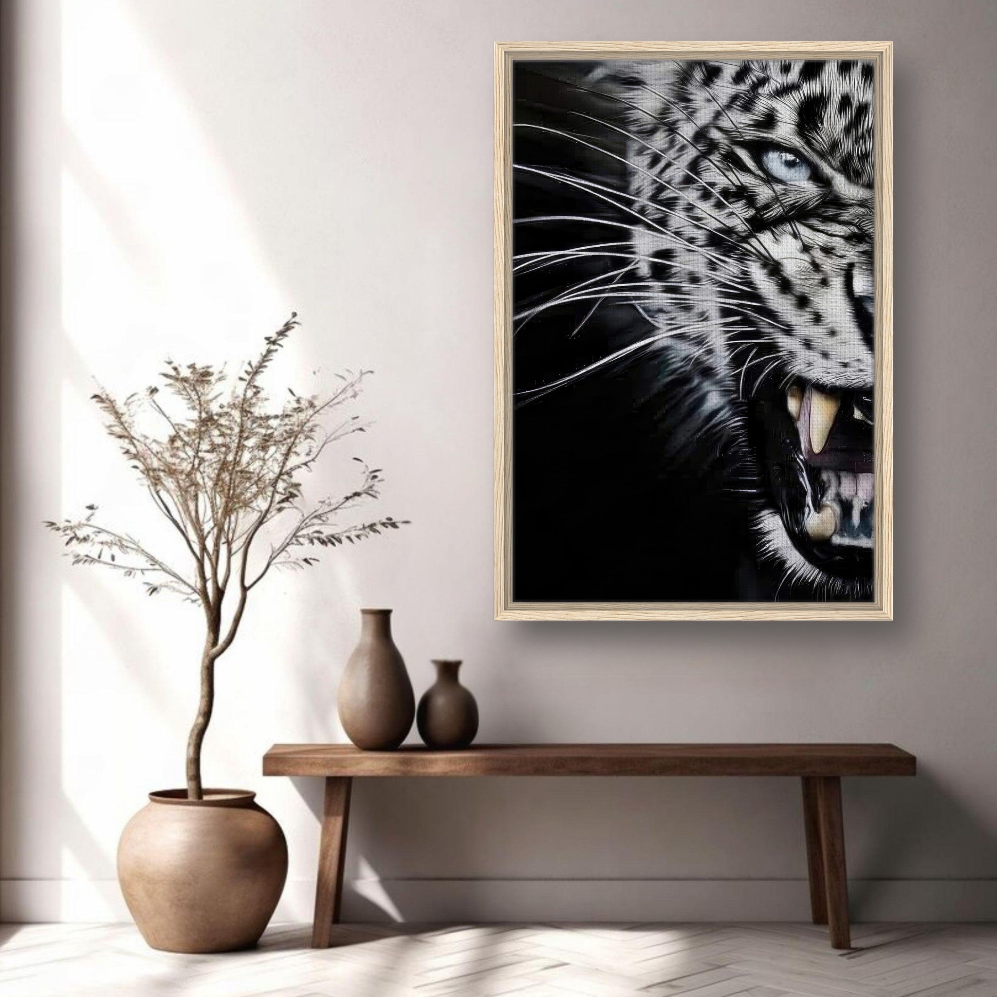 Leopard close-up portrait framed canvas print showcasing intense gaze and bared fangs in stylish room setting.