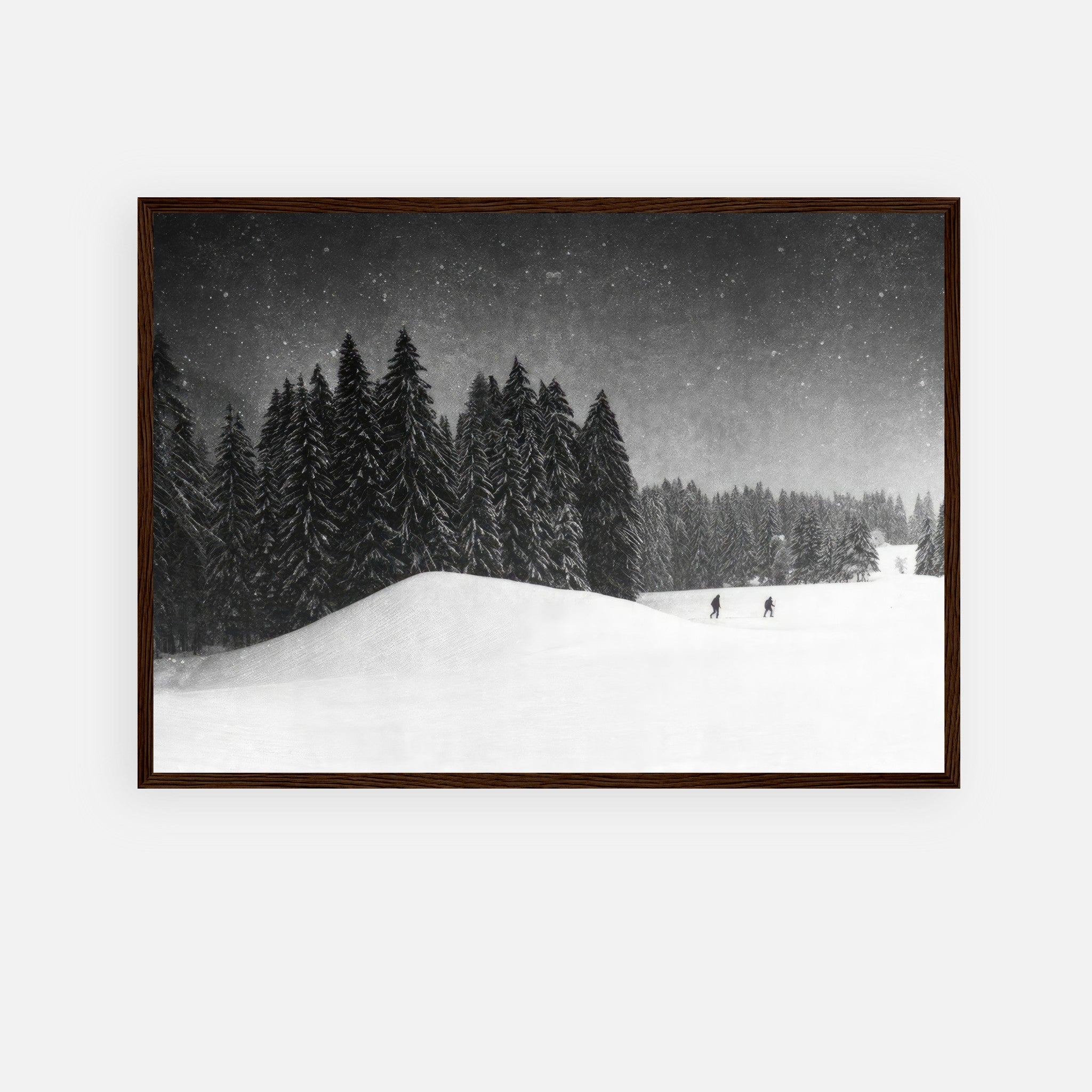 Winter Crossing Framed Print featuring a serene snow-covered forest with evergreens and gentle snowfall.