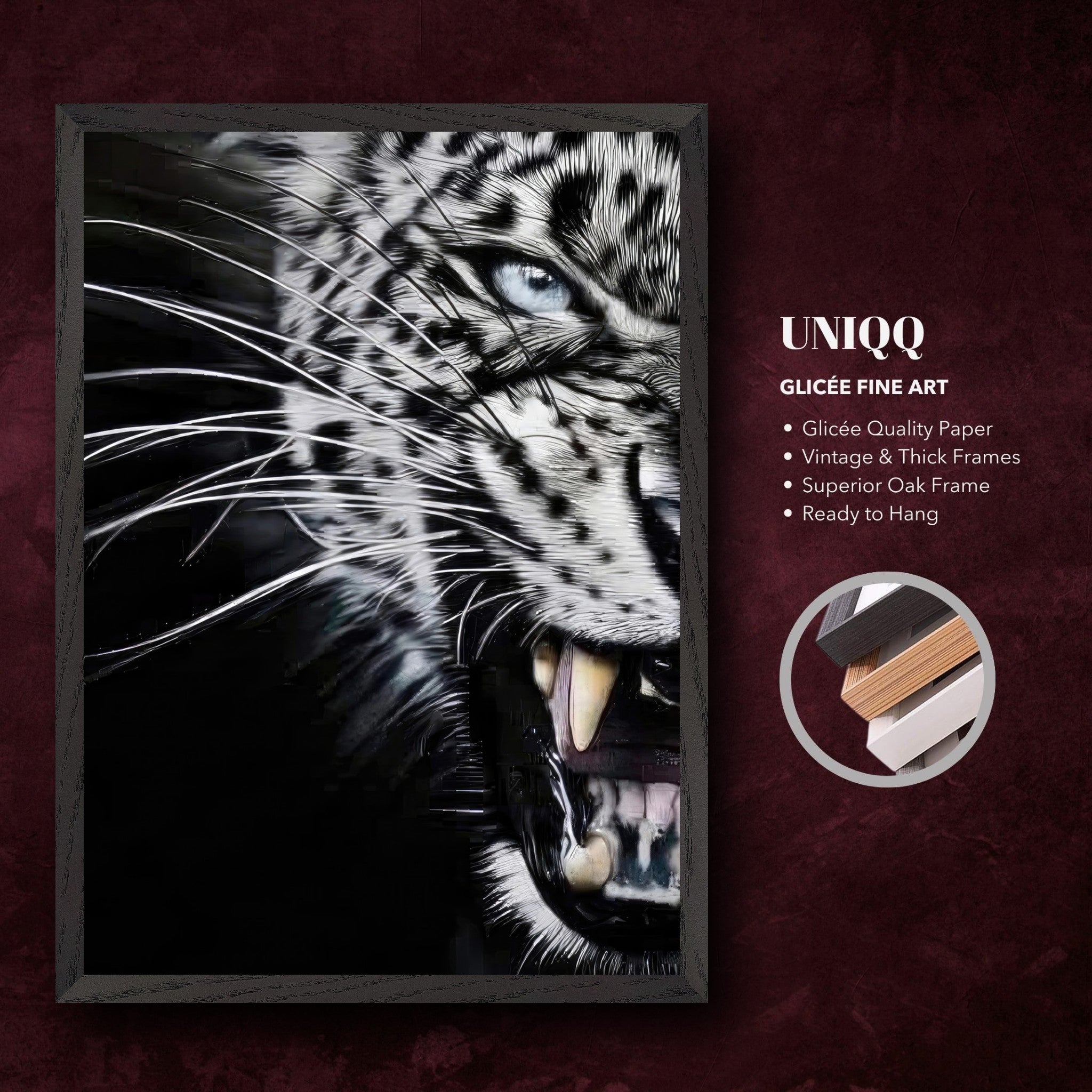 Fine art portrait of a fierce white tiger in an oak frame, showcasing vivid details and intense gaze.