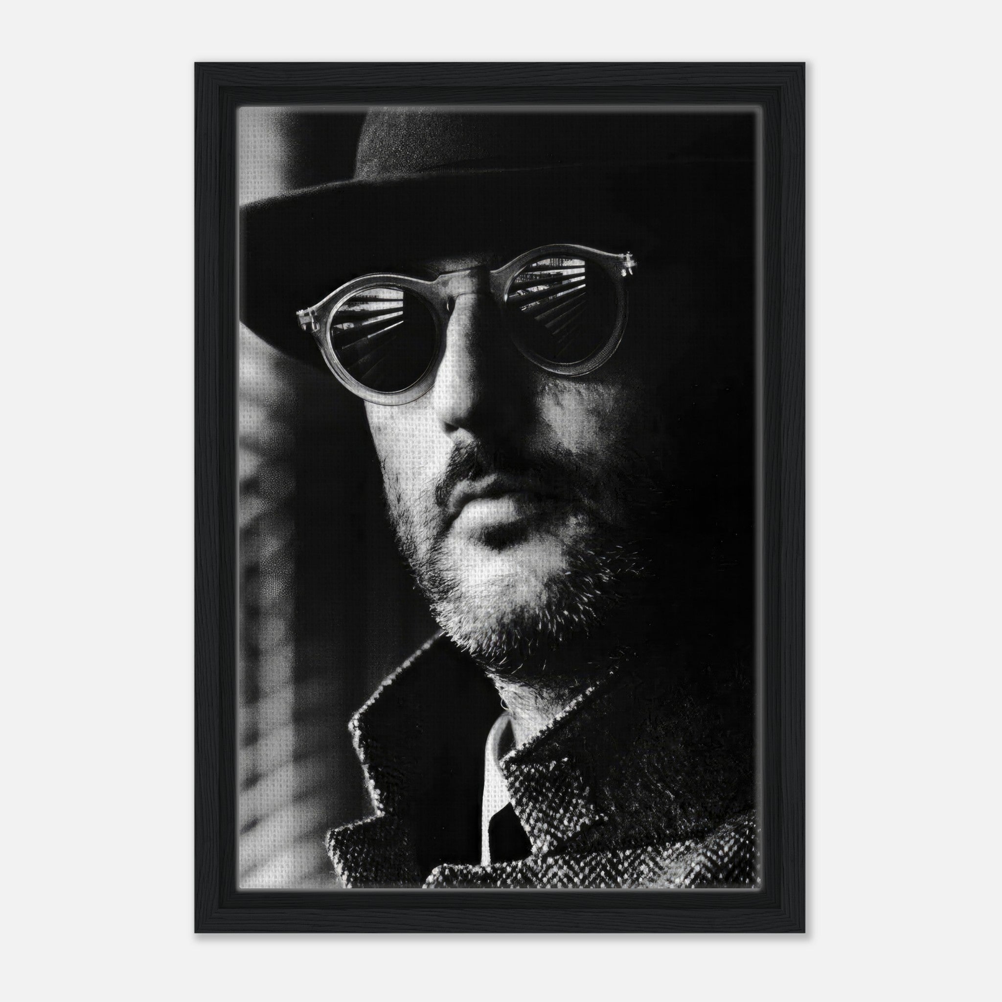 Jean Reno Leon Photography Framed Canvas Print in black-and-white showcasing cinematic artistry and bold contrasts.