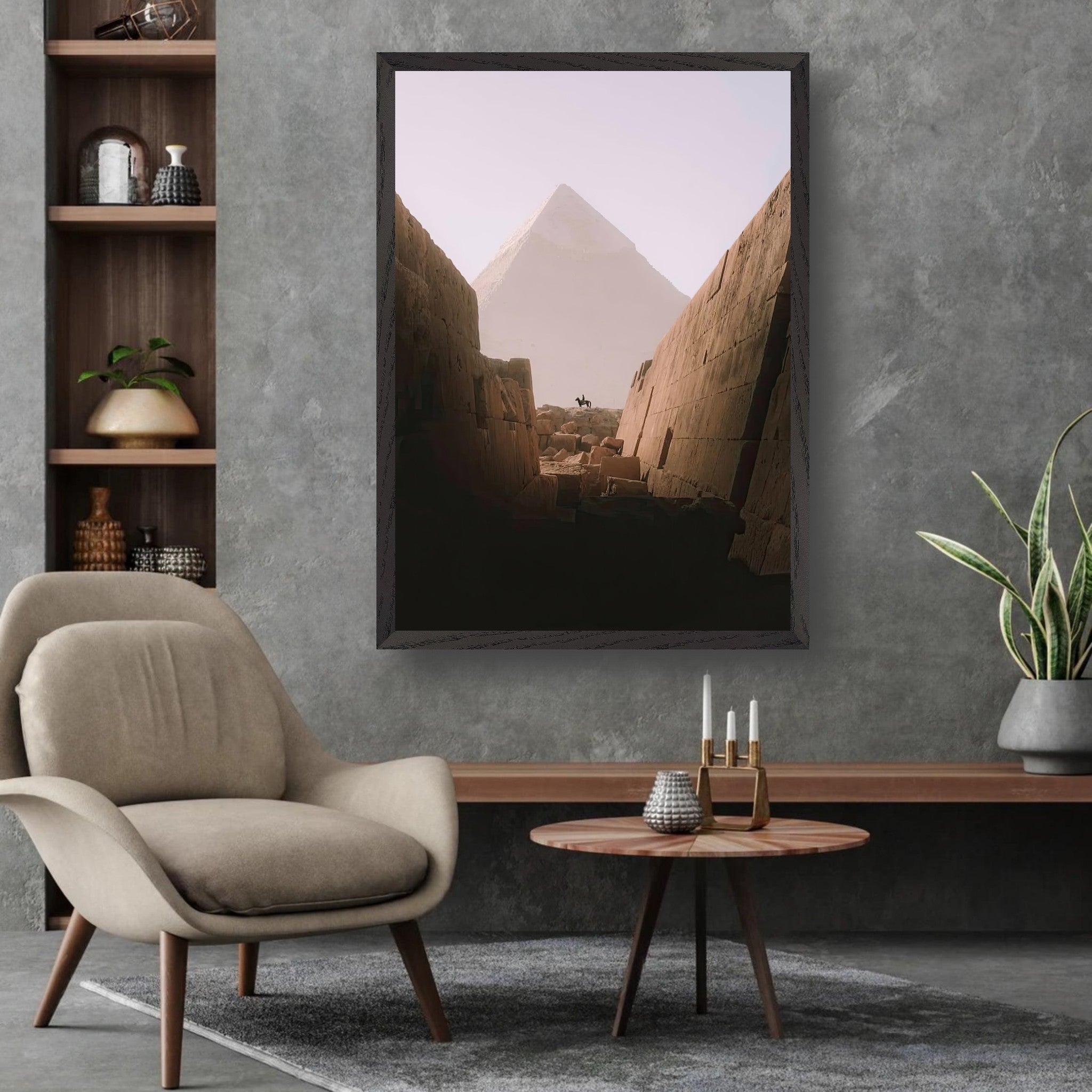 Framed fine art print of Horse & Rider at the Great Pyramid of Giza in a modern living room setting.