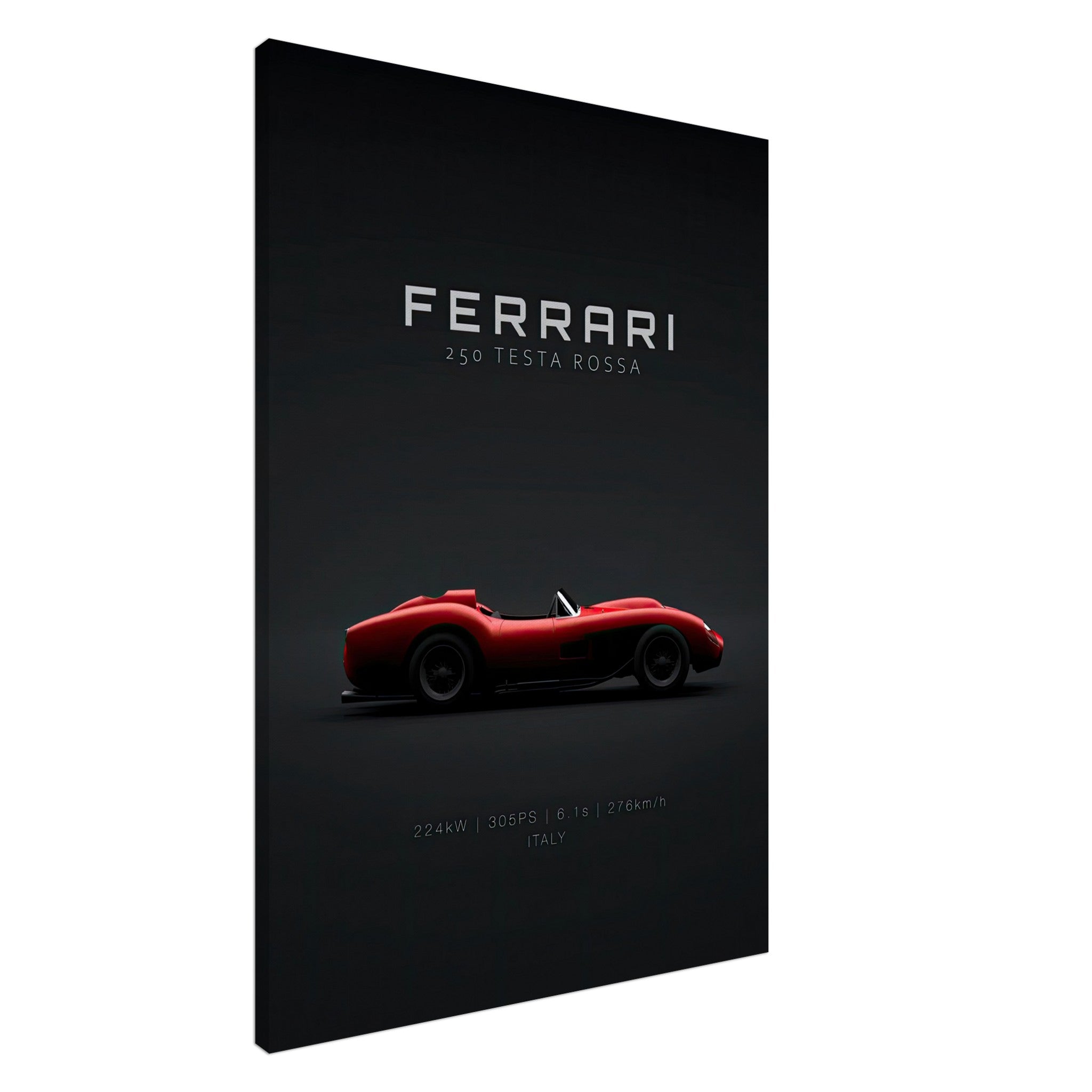 Ferrari 250 Testa Rossa canvas art featuring a sleek red sports car on a black background.