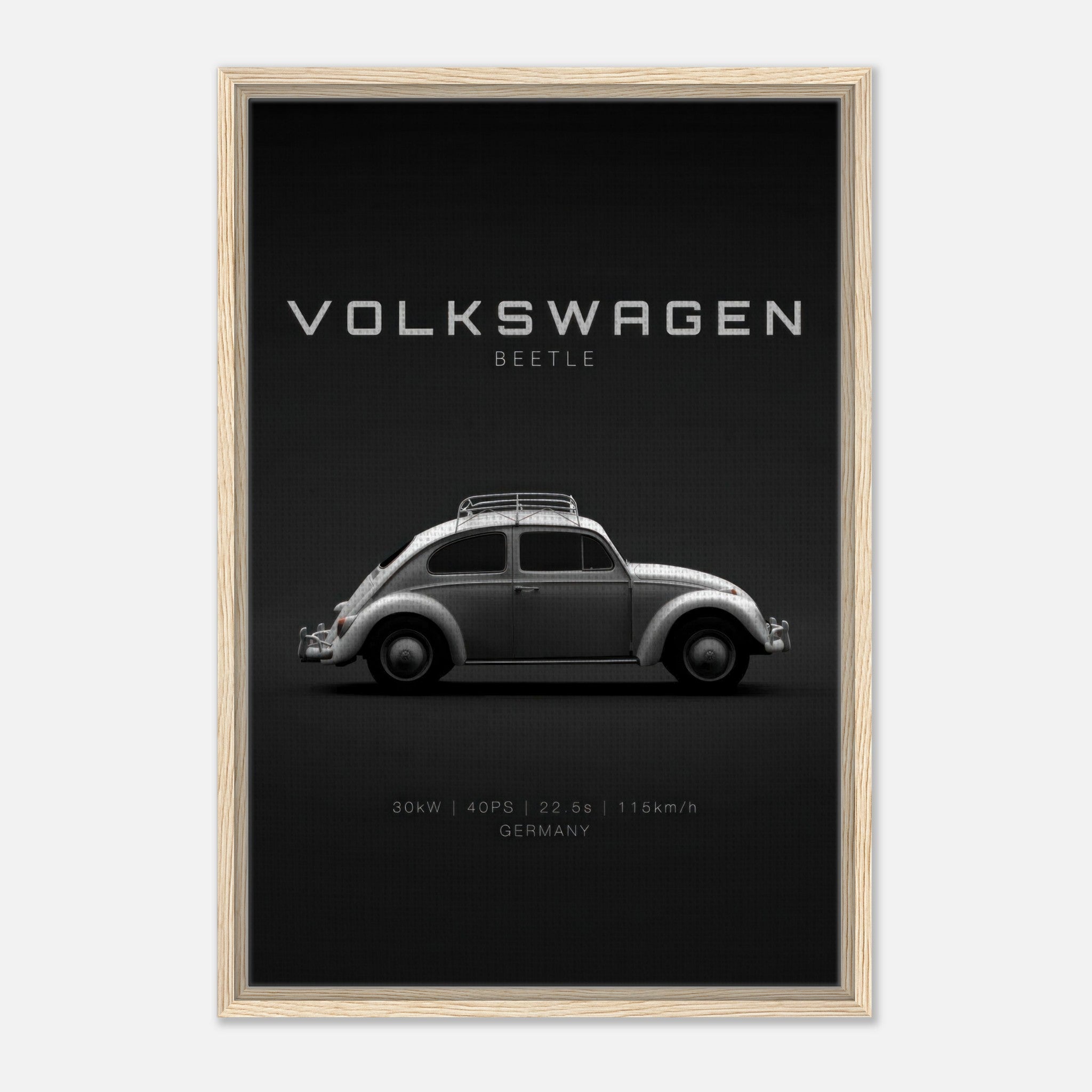 Framed canvas artwork of a Volkswagen Beetle on a sleek black background, showcasing retro automotive design.