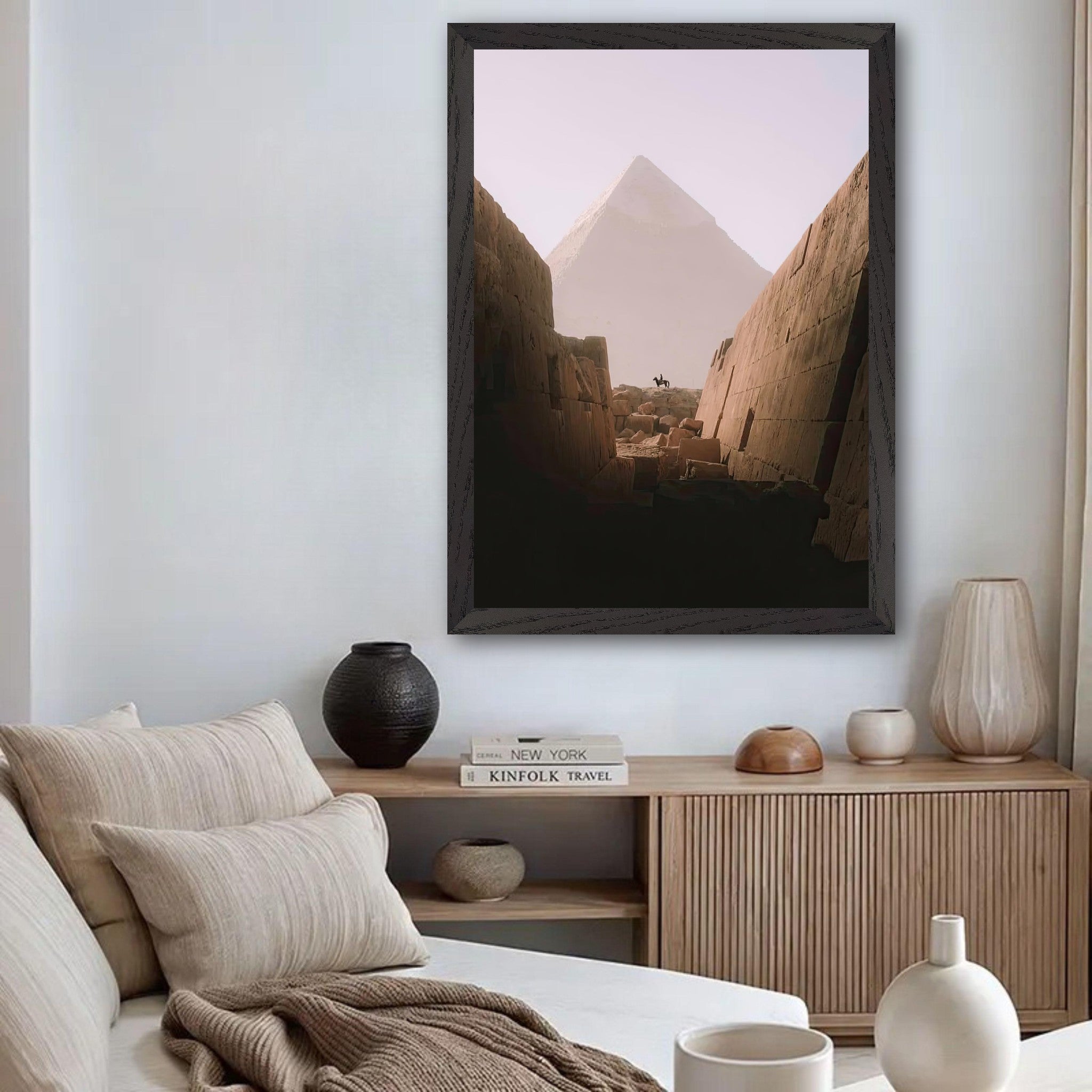 Vintage framed print of the Great Pyramid of Giza showcased in a modern living room setting.
