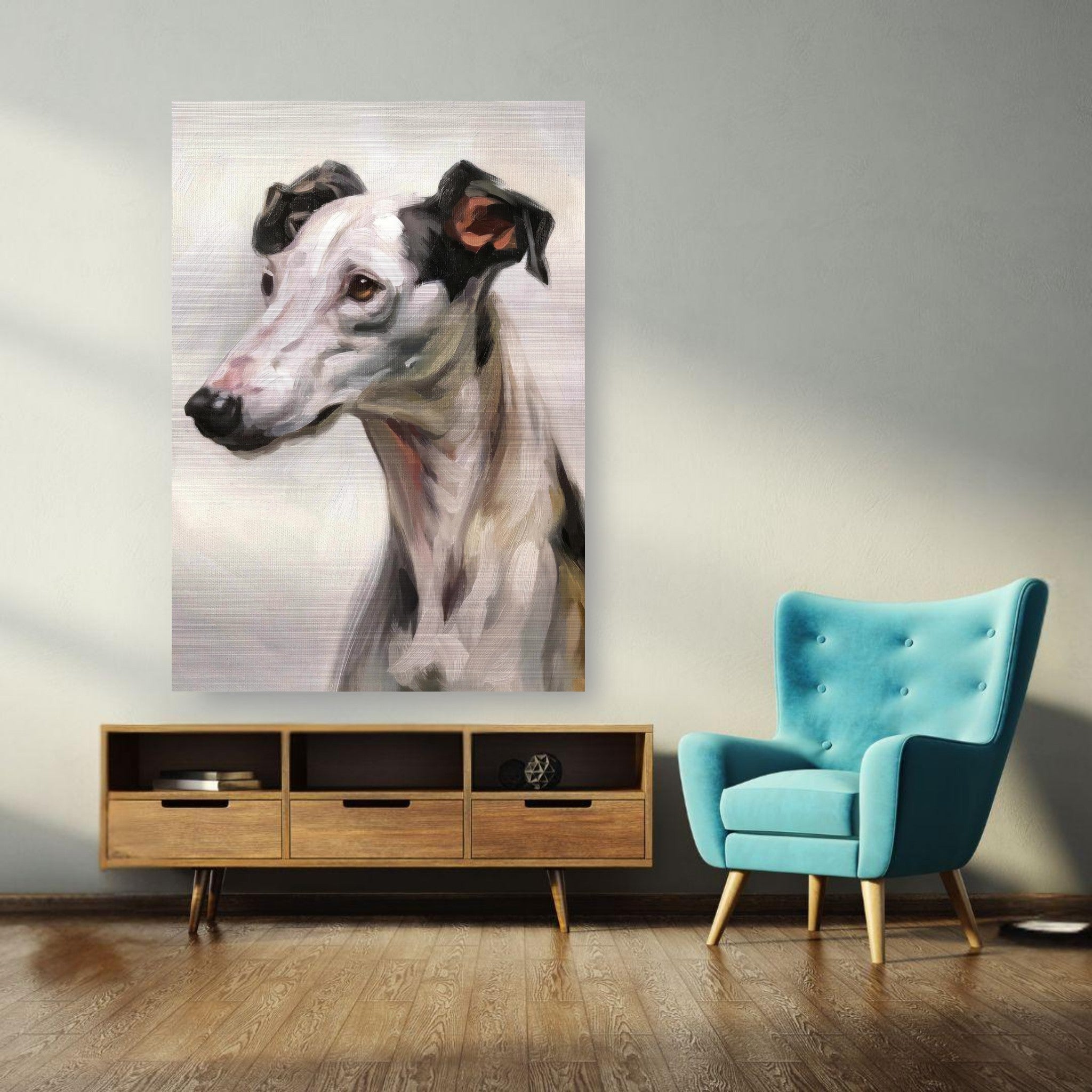 Greyhound dog painting on brushed metal, showcasing elegance and modern décor in a stylish living room setting.
