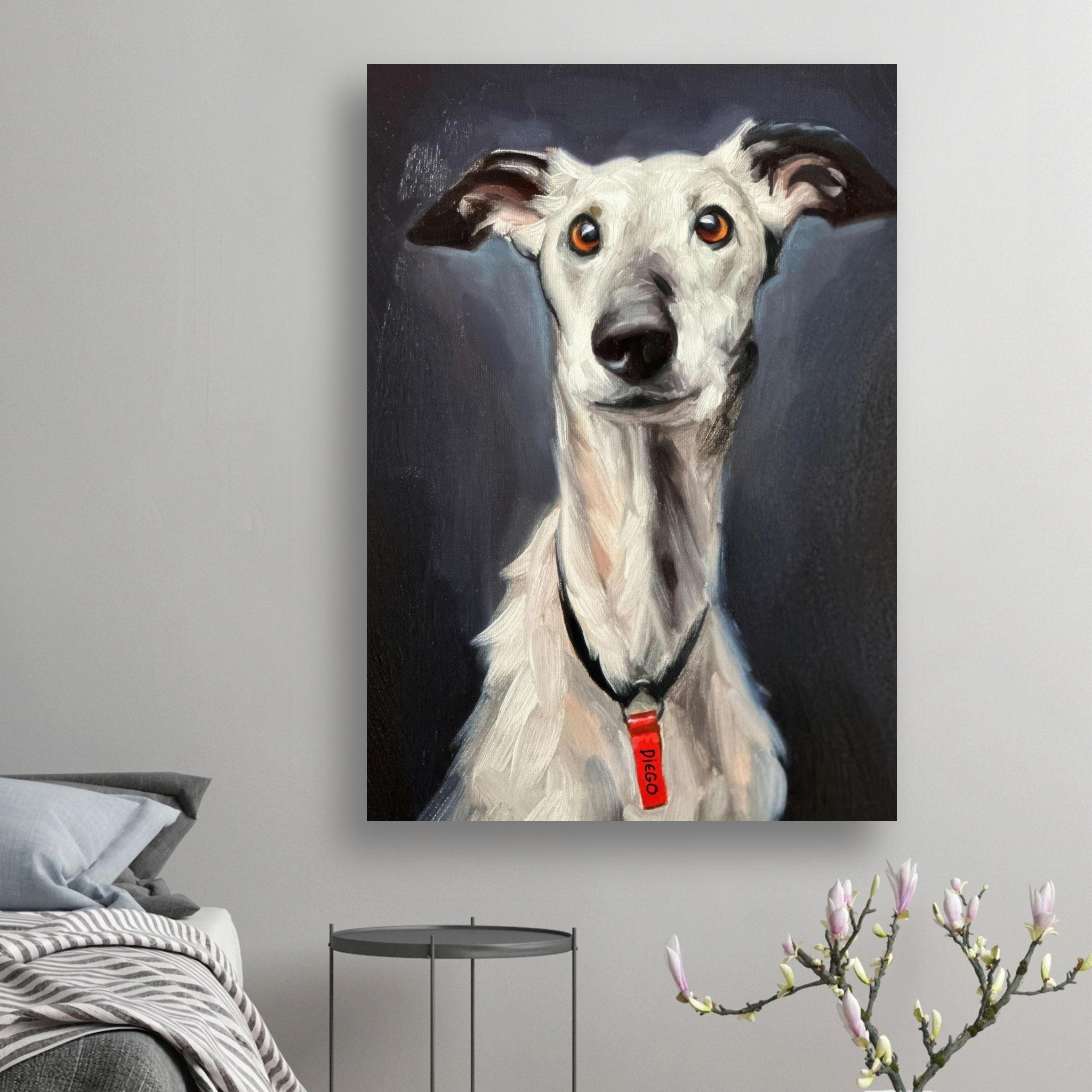 Greyhound dog painting poster featuring a white Greyhound with expressive eyes and black ears on a dark background.