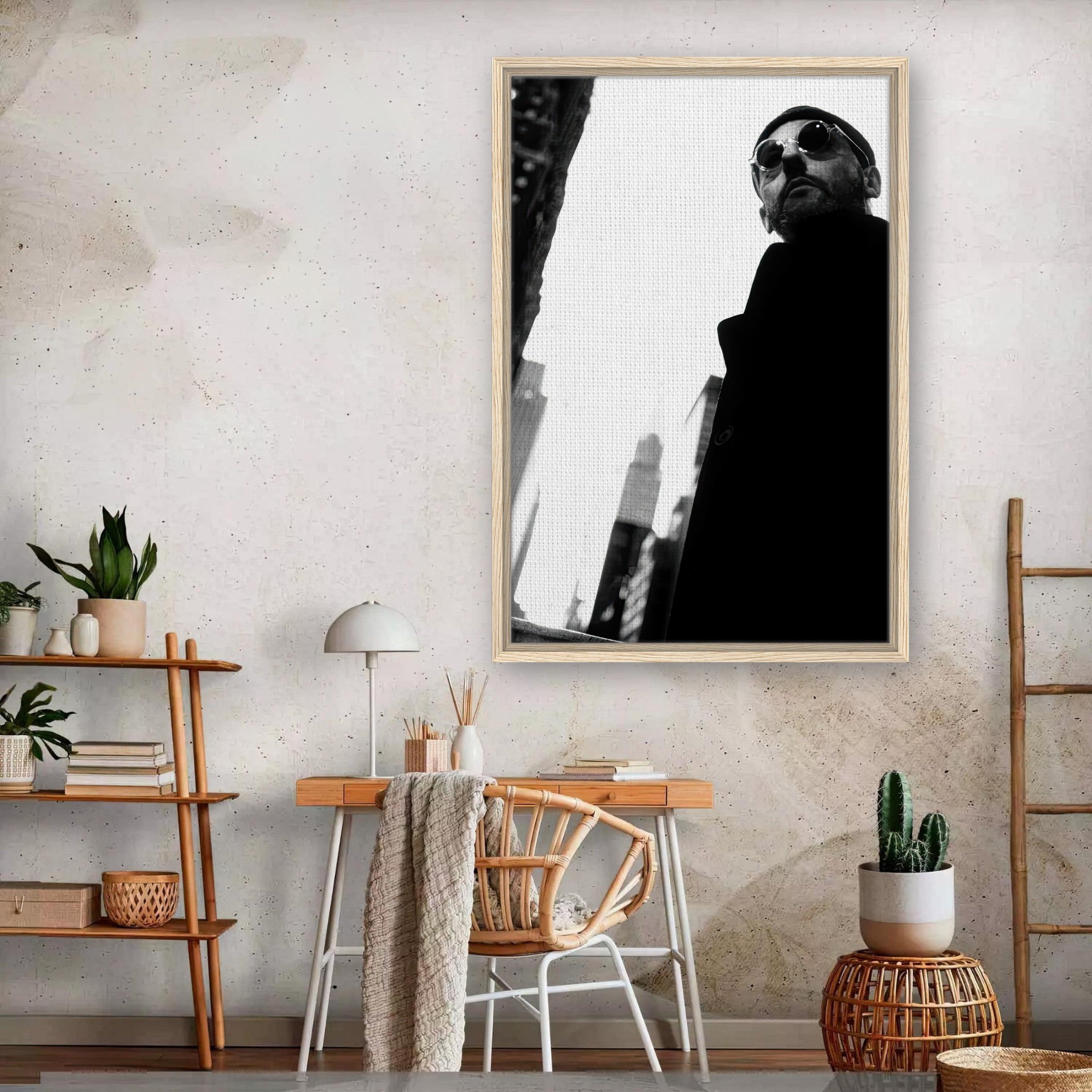 Leon Photography Jean Reno framed canvas print in a stylish home decor setting.